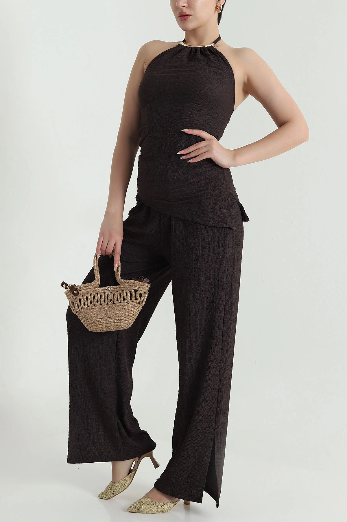 Kahverengi Halter Yaka Bürümcük Kadın İkili Takım 470287