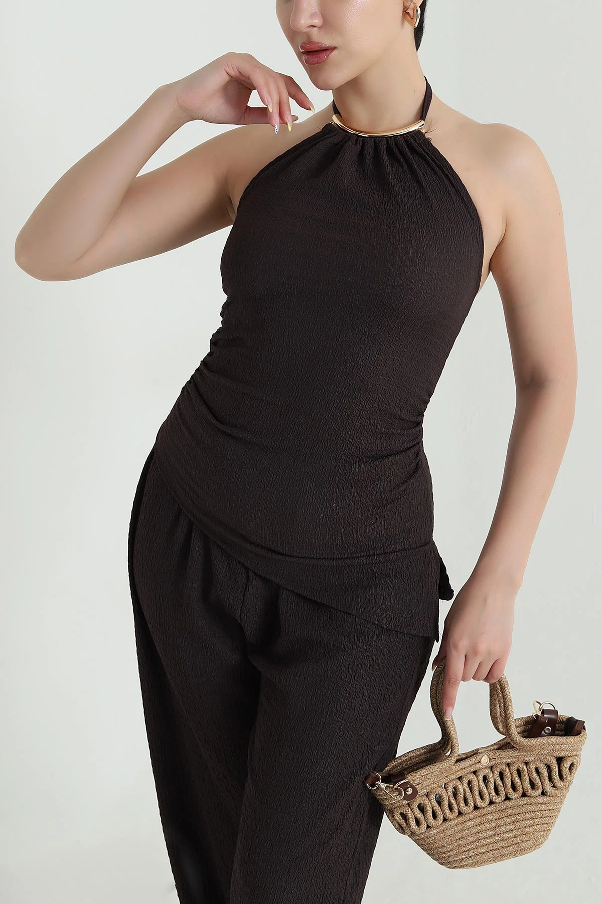 Kahverengi Halter Yaka Bürümcük Kadın İkili Takım 470287