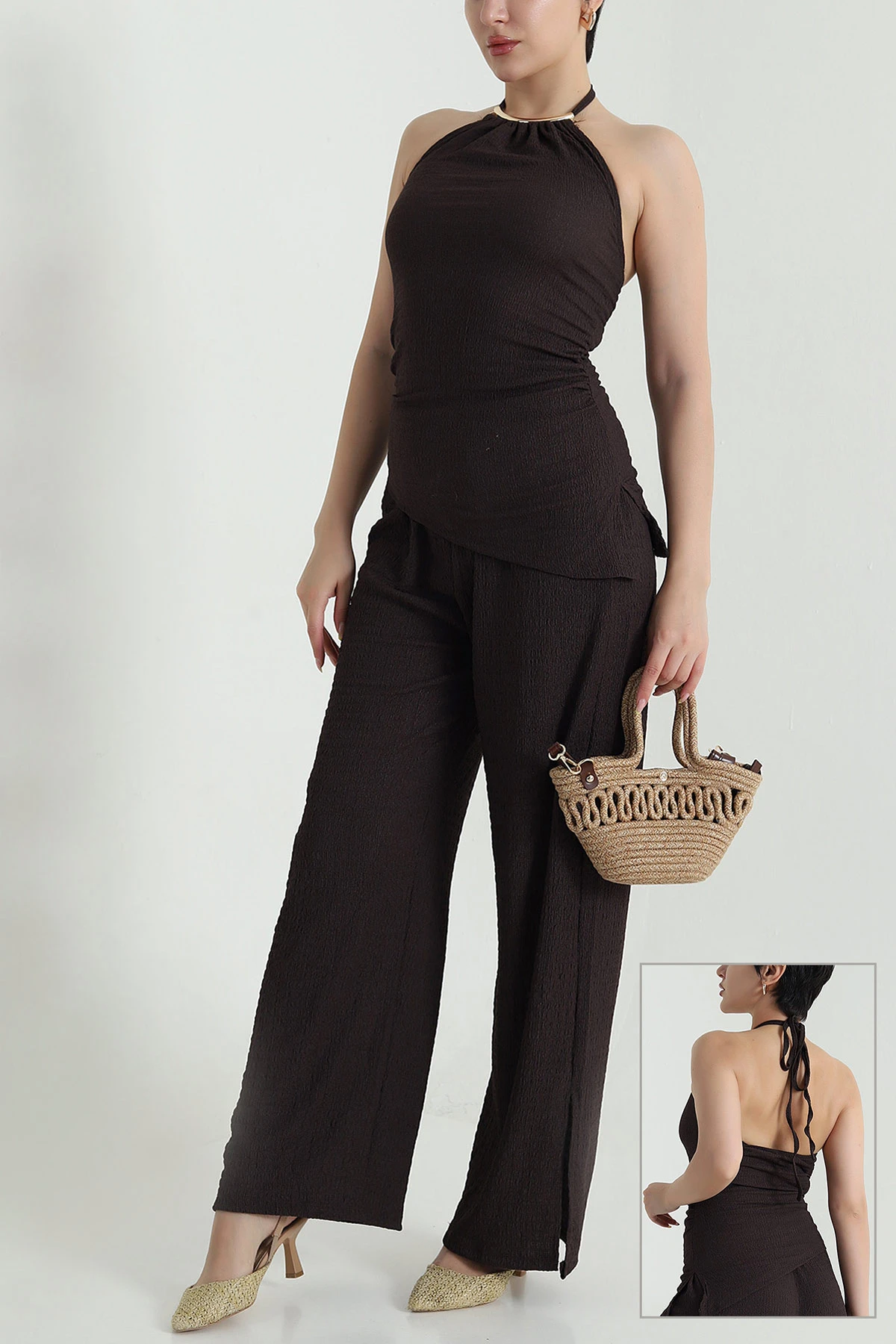 Kahverengi Halter Yaka Bürümcük Kadın İkili Takım 470287