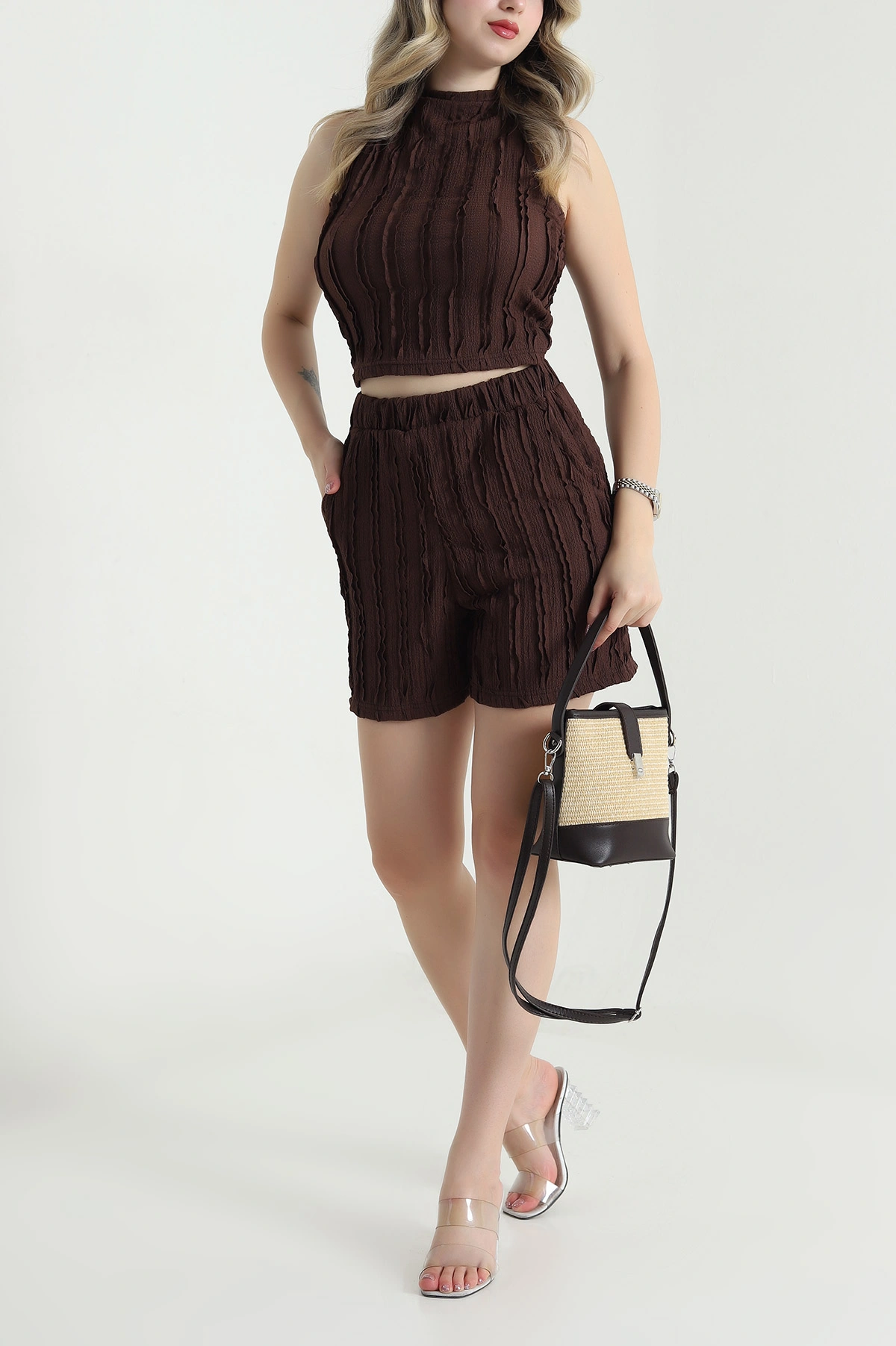 Kahverengi Halter Yaka Şortlu Kadın İkili Takım 478118