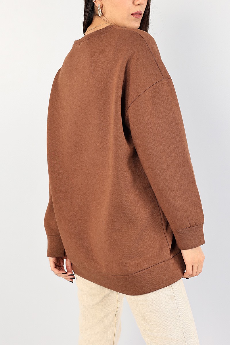 Kahverengi İçi Şardonlu Baskılı Bayan Sweat 85030