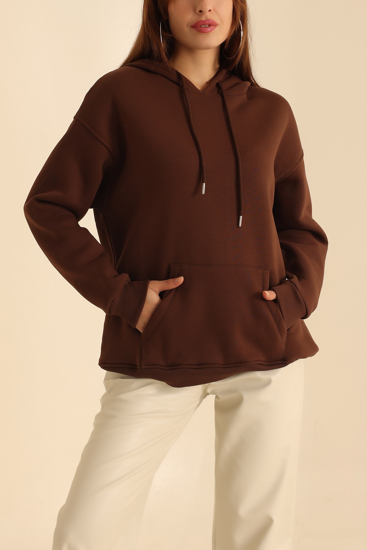 Kahverengi İçi Şardonlu Kanguru Cep Sweat 207838
