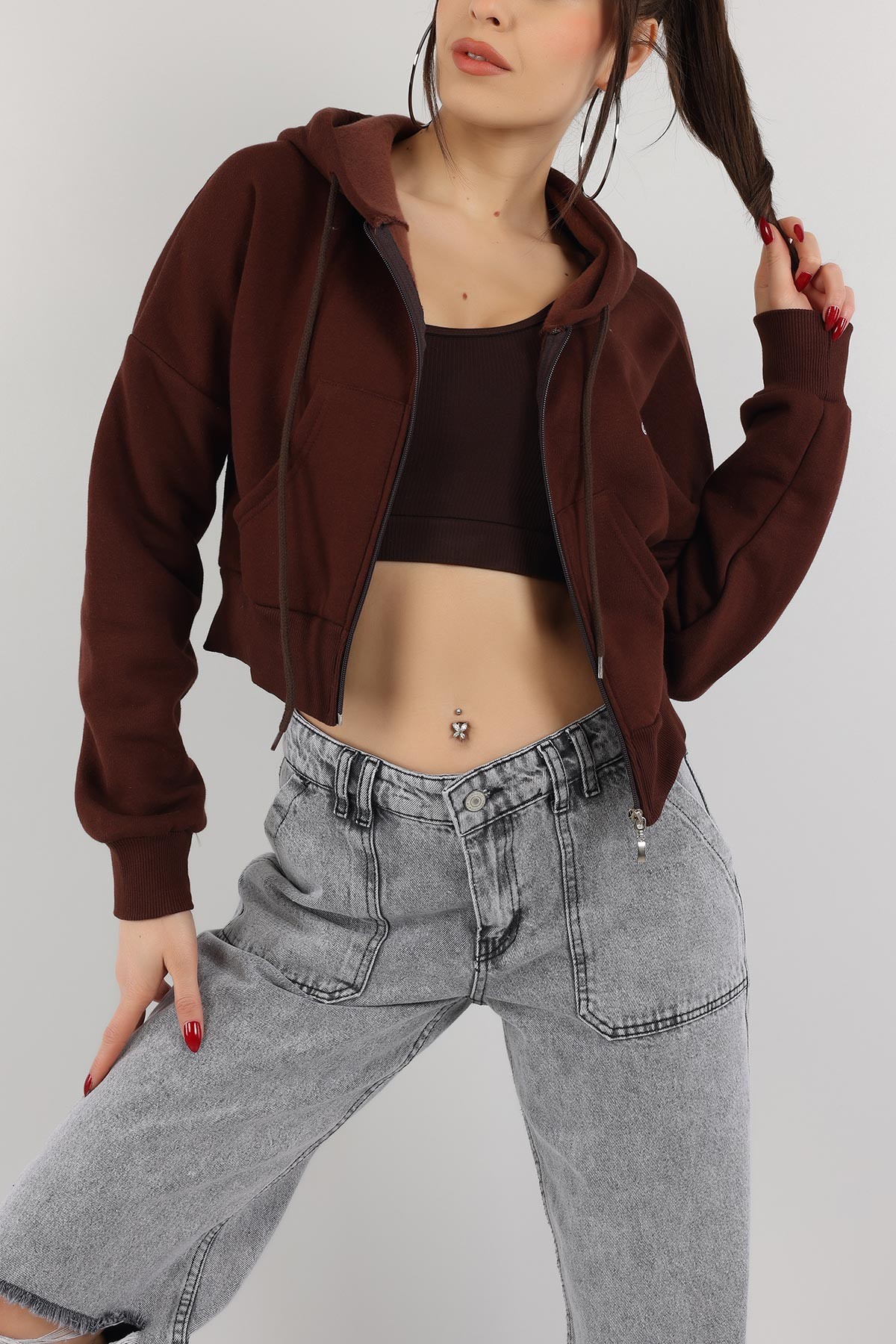 Kahverengi İçi Şardonlu Kapüşonlu Bayan Sweat 151383
