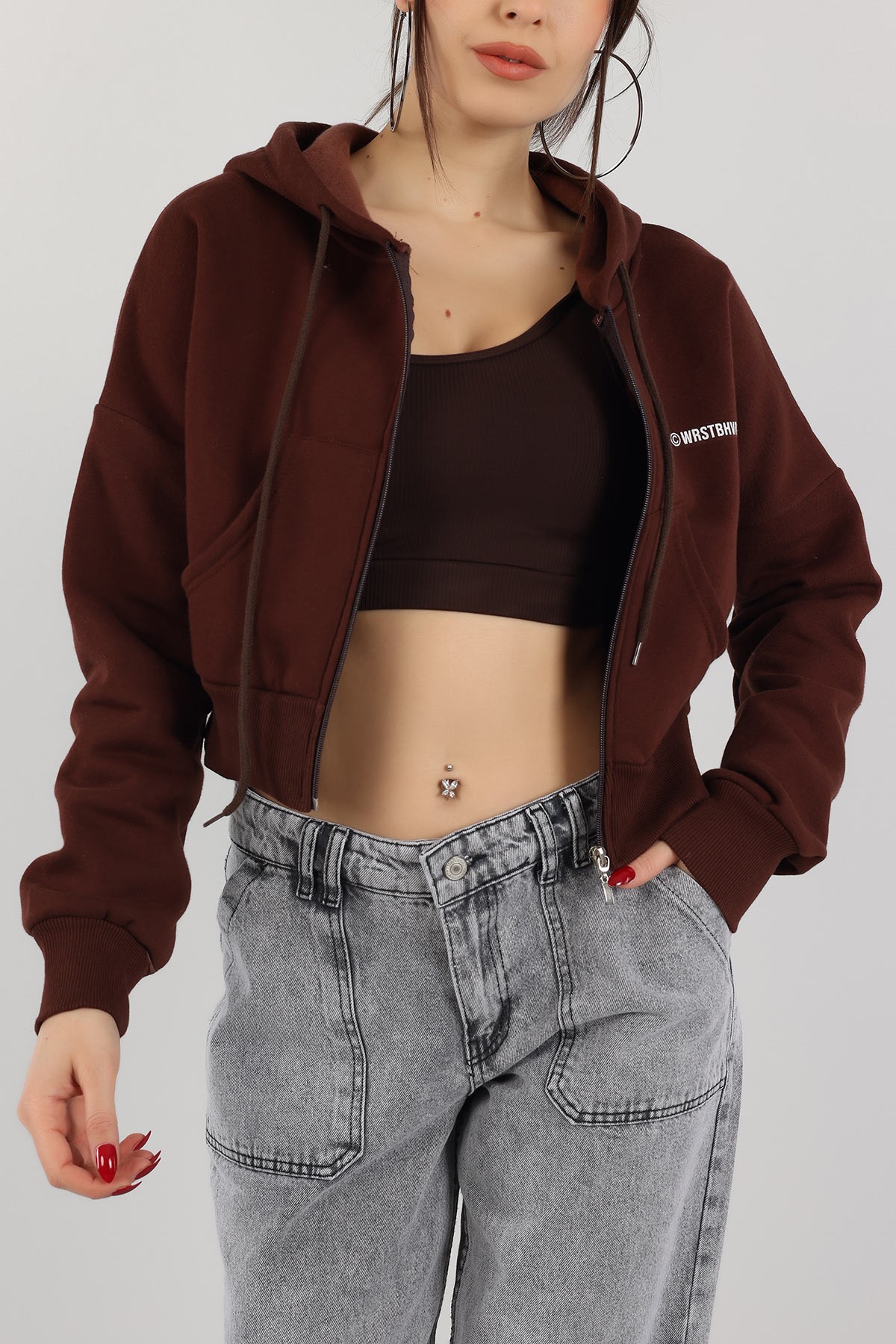 Kahverengi İçi Şardonlu Kapüşonlu Bayan Sweat 151383