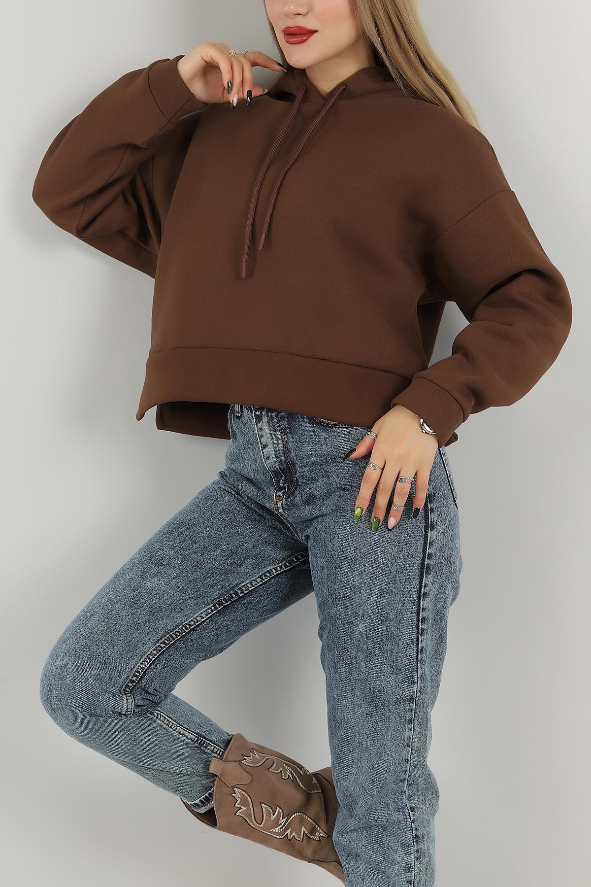 Kahverengi İçi Şardonlu Kapüşonlu Sweat 147930