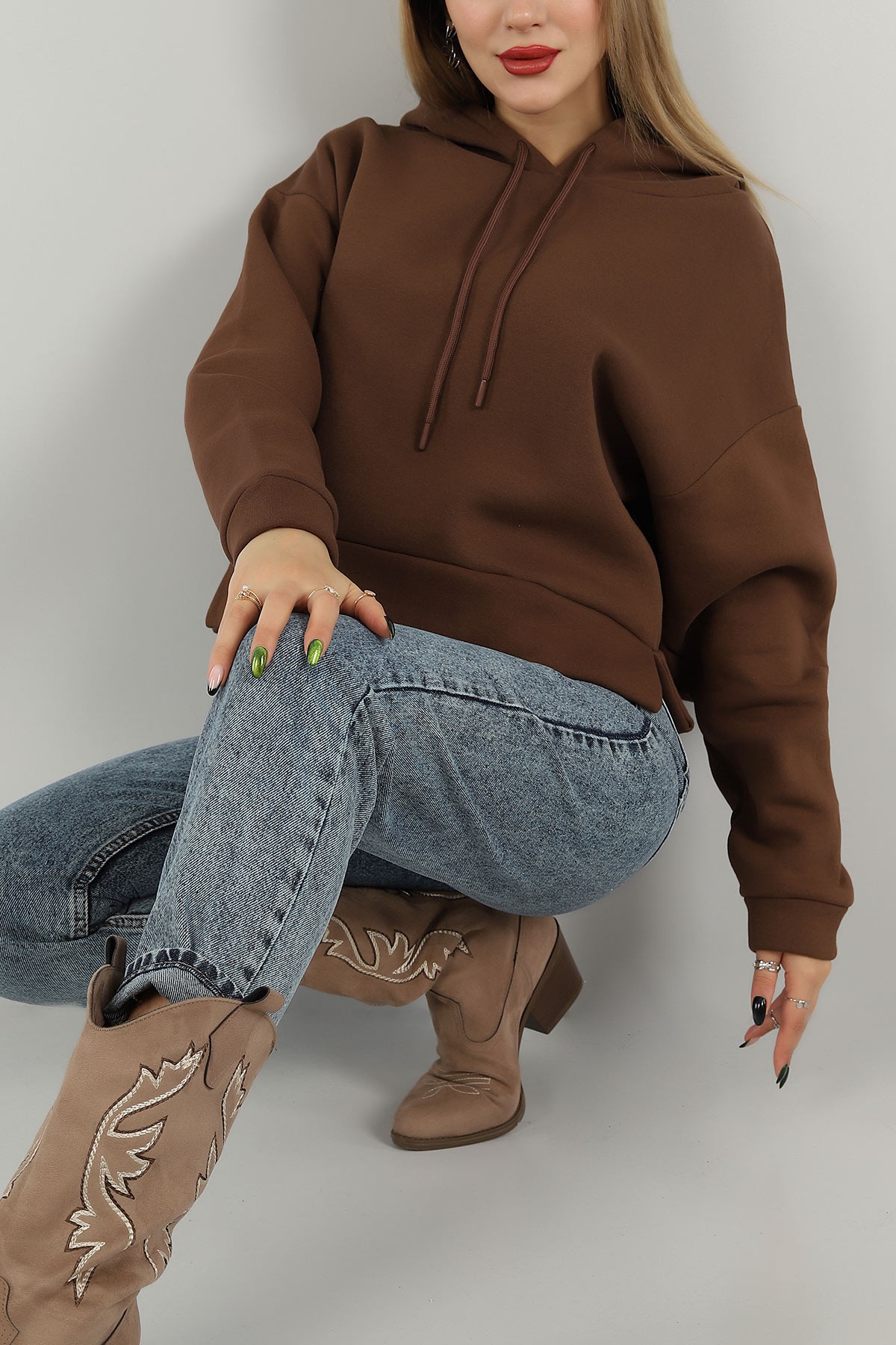 Kahverengi İçi Şardonlu Kapüşonlu Sweat 147930