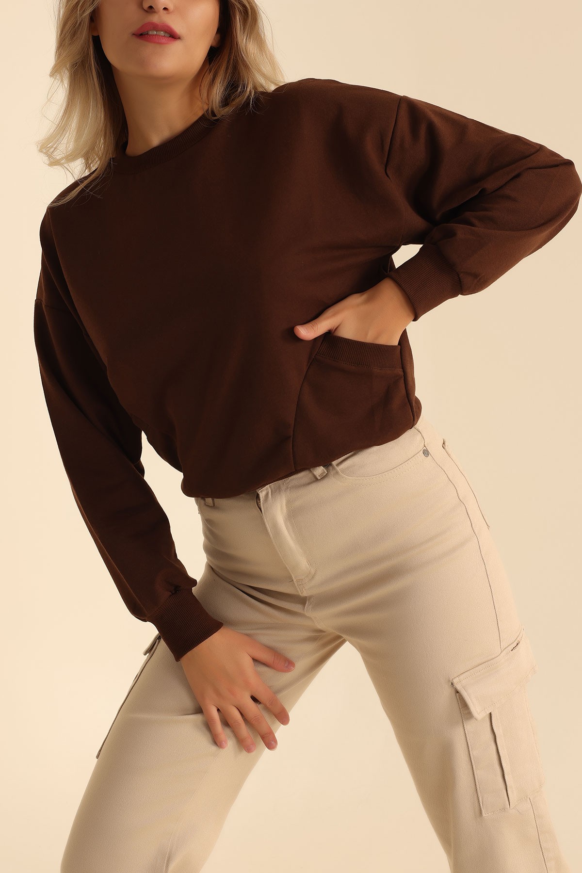 Kahverengi İki İp Oversize Sweat 199714