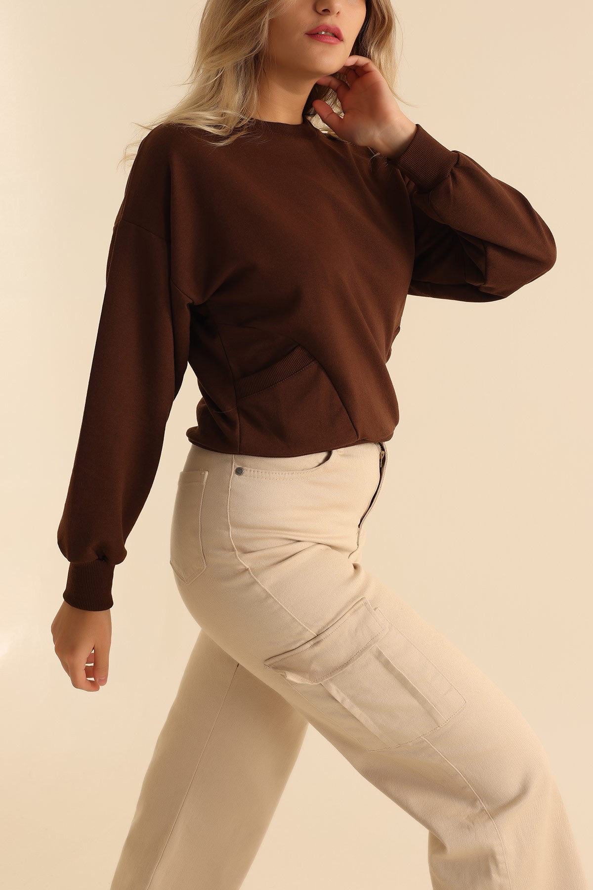 Kahverengi İki İp Oversize Sweat 199714