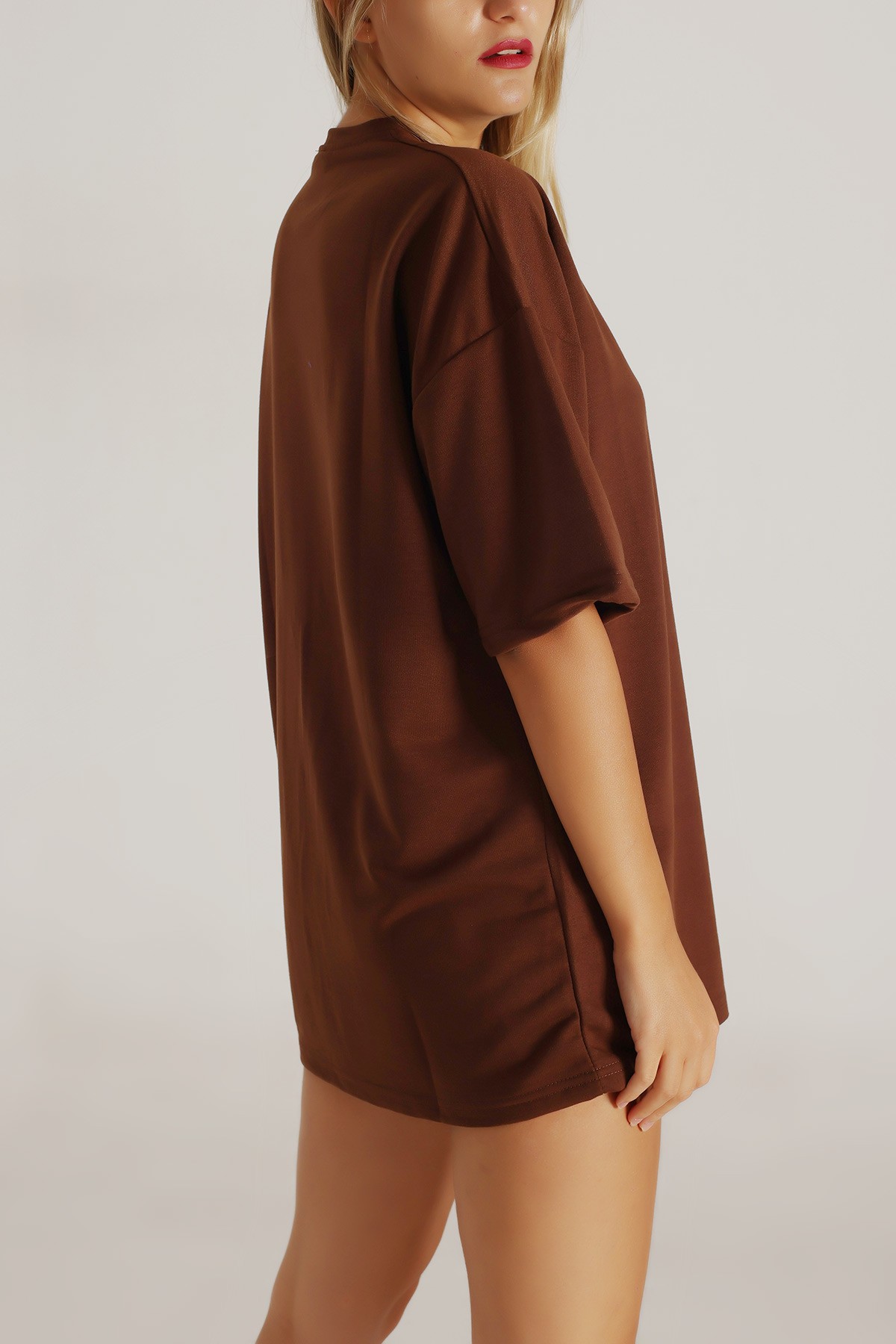 Kahverengi İki İp Oversize Tişört 193606