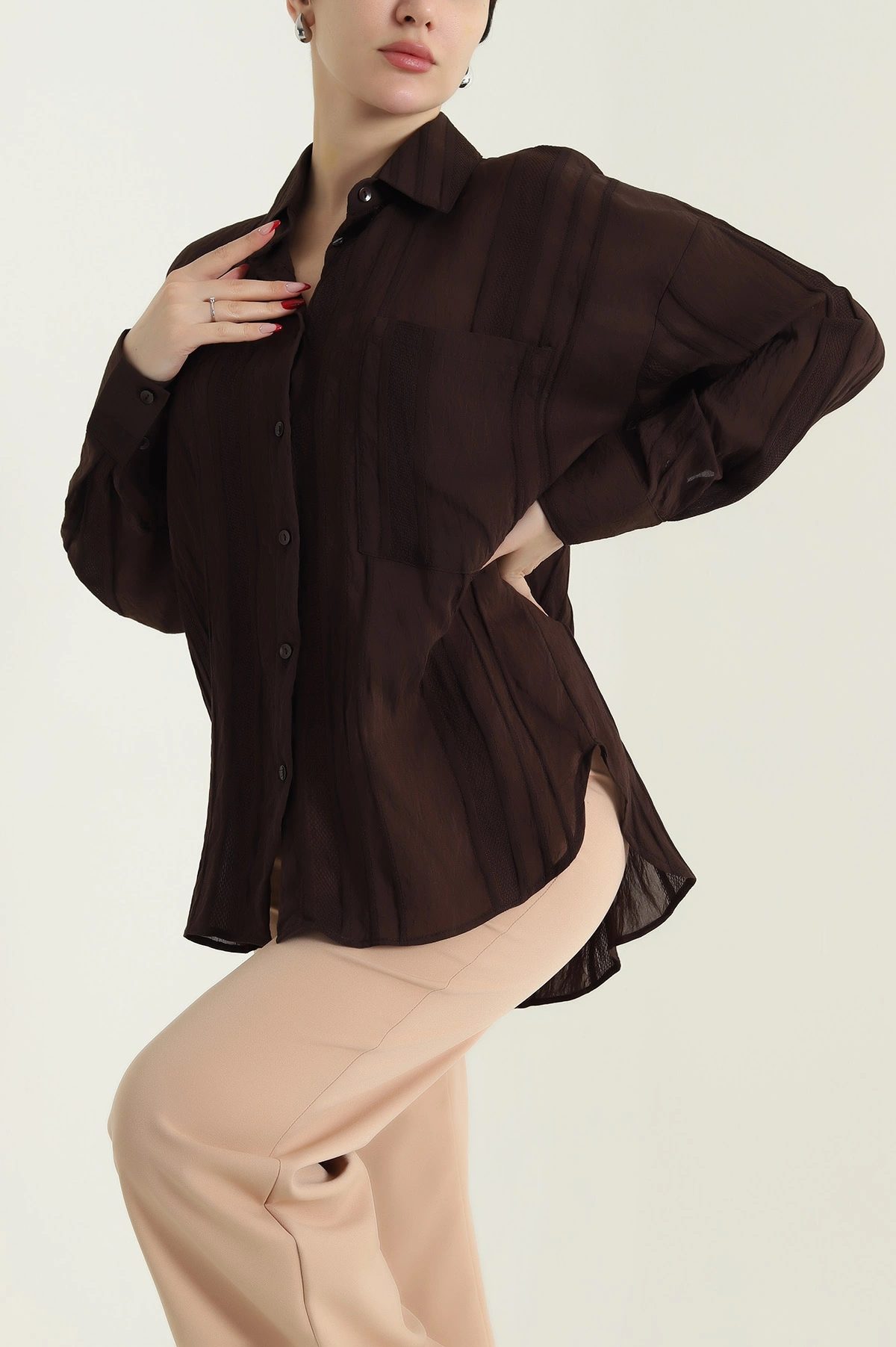 Kahverengi İnce Tencel Buket Kadın Gömlek 432570