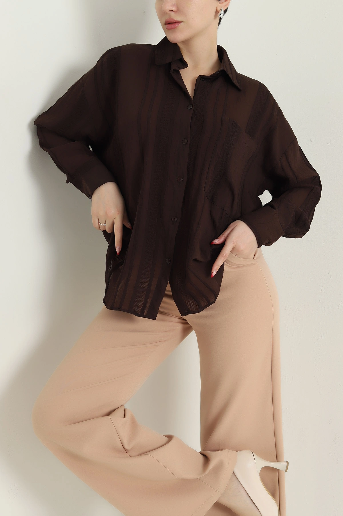 Kahverengi İnce Tencel Buket Kadın Gömlek 432570