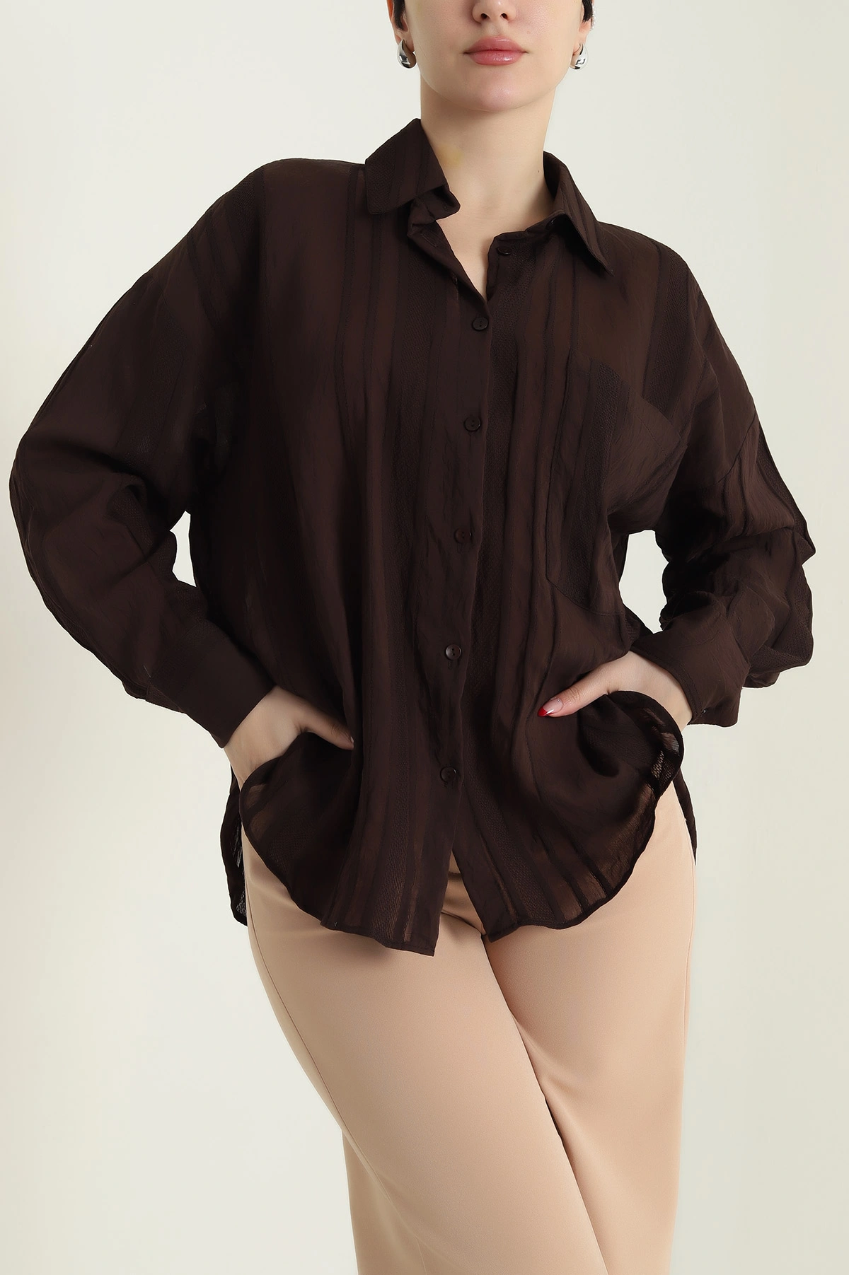 Kahverengi İnce Tencel Buket Kadın Gömlek 432570