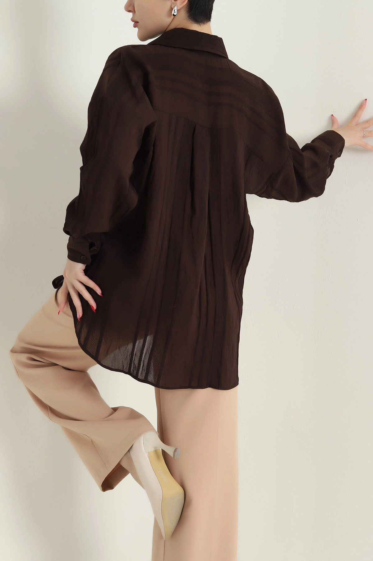 Kahverengi İnce Tencel Buket Kadın Gömlek 432570