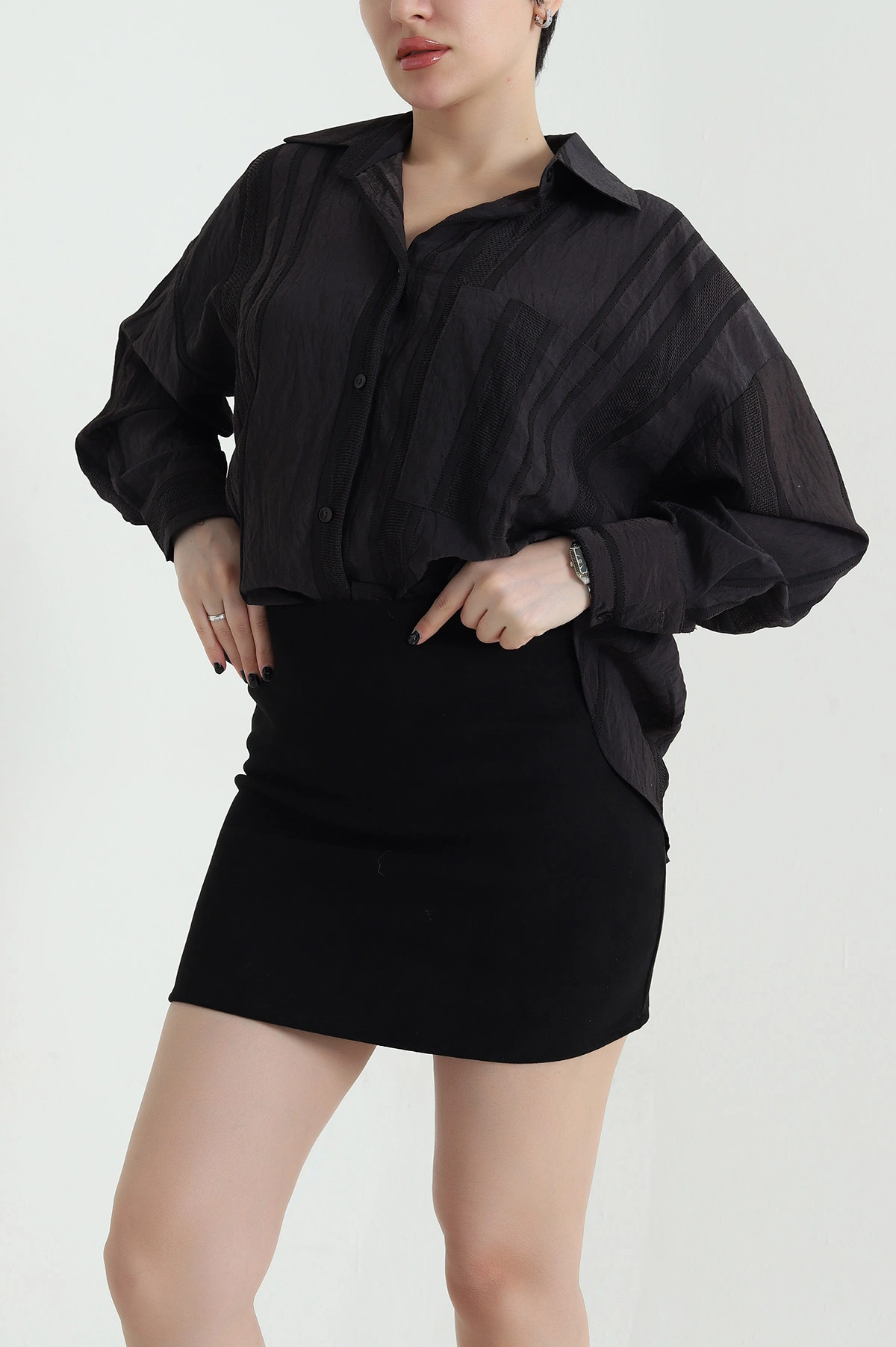 Kahverengi İnce Tencel Buket Kadın Gömlek 456125