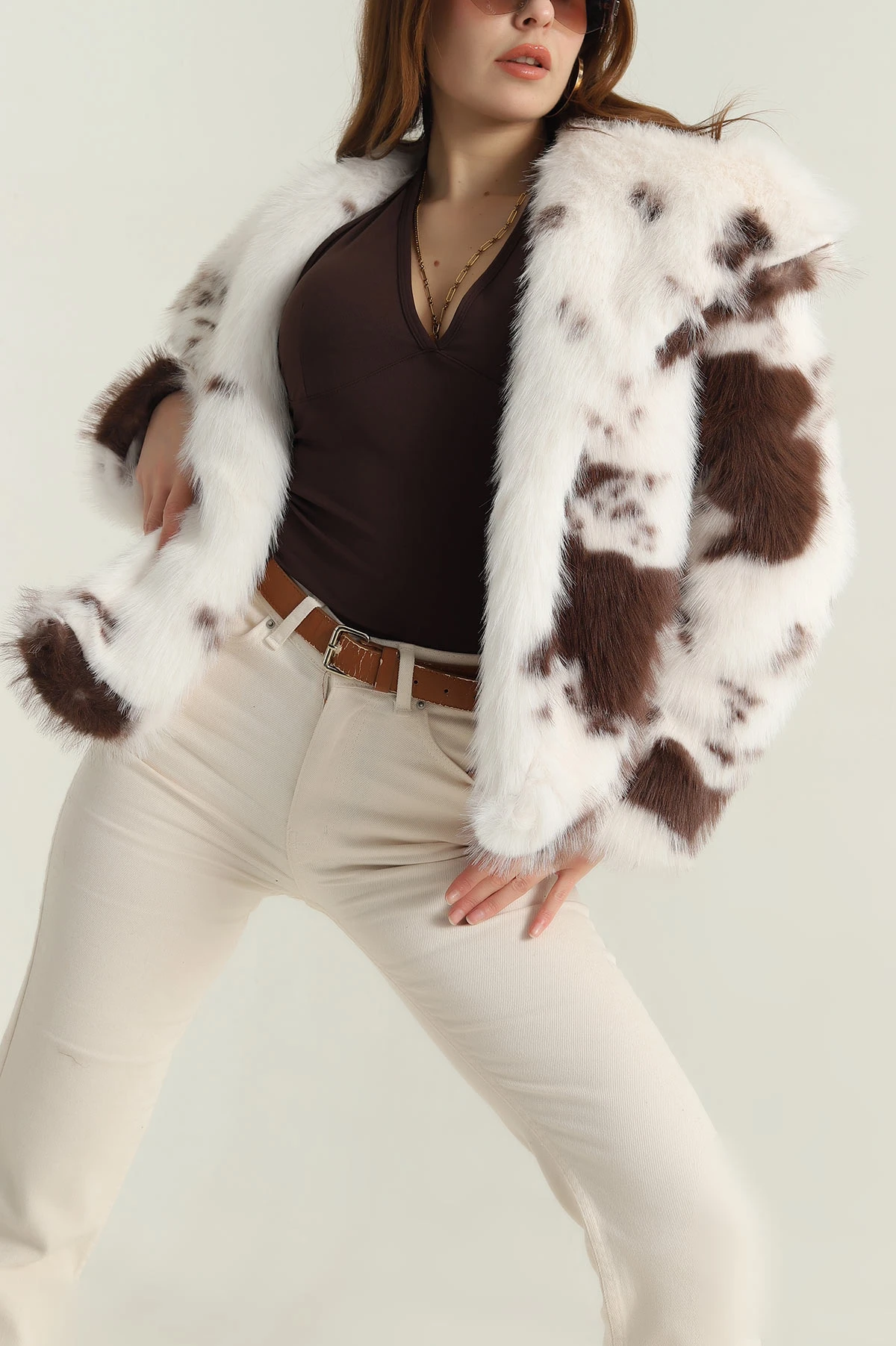 Kahverengi İnek Desen Lolita Kadın Mont 413978