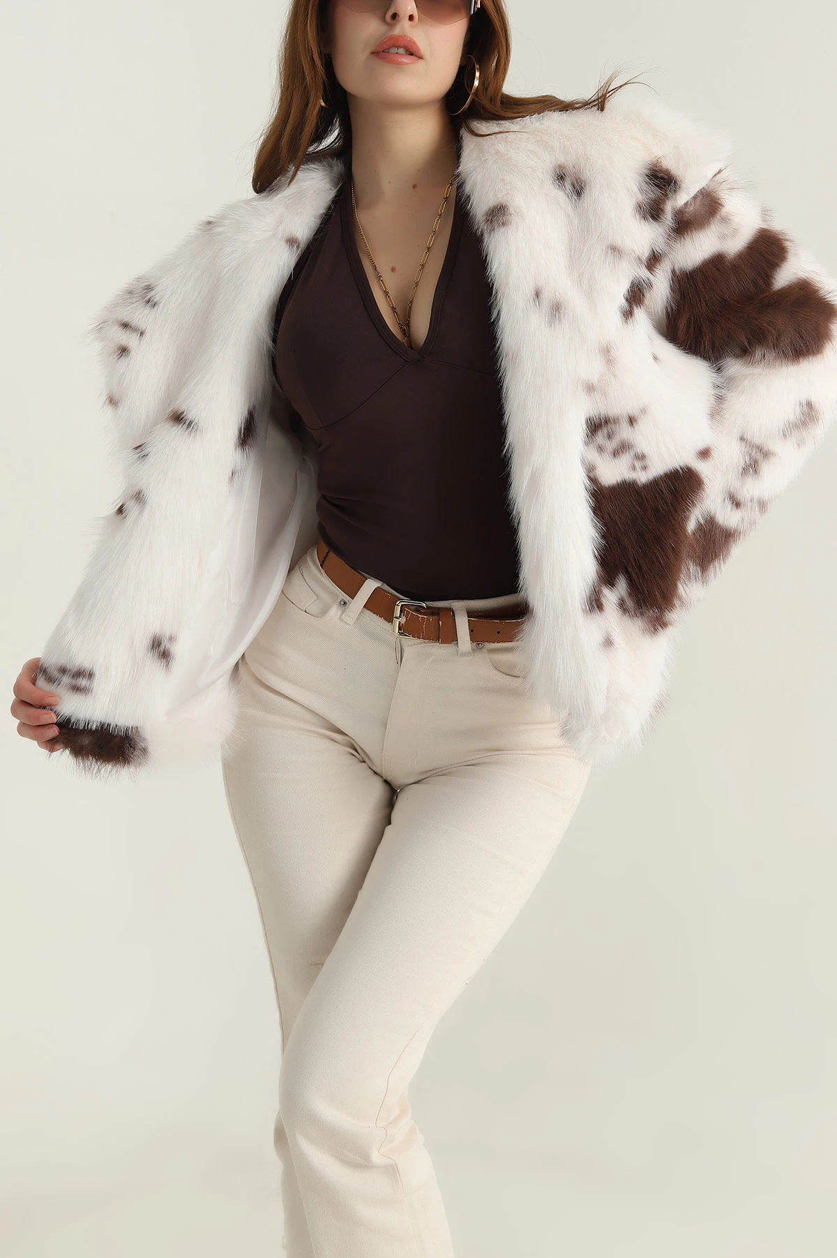 Kahverengi İnek Desen Lolita Kadın Mont 413978