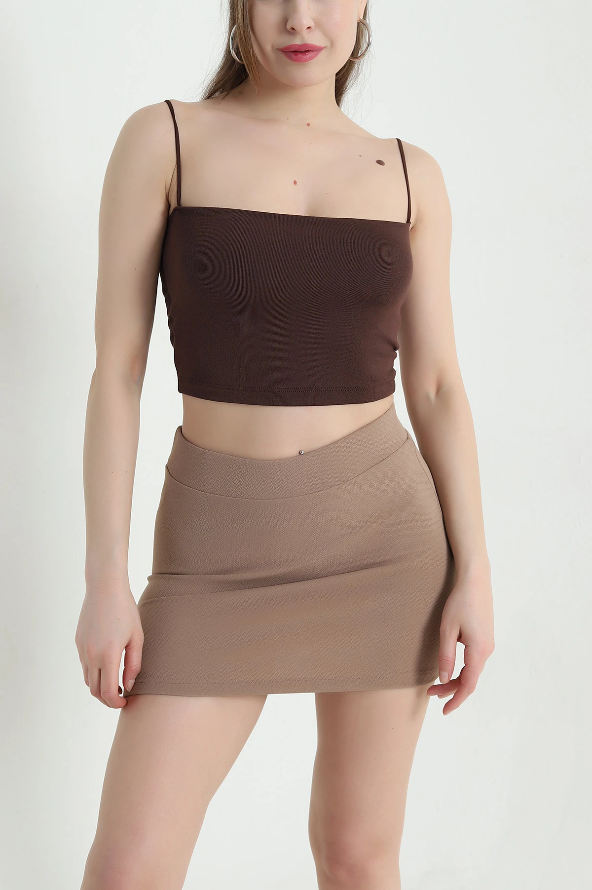 Kahverengi İp Askılı Destekli Modal Kadın Crop 443156