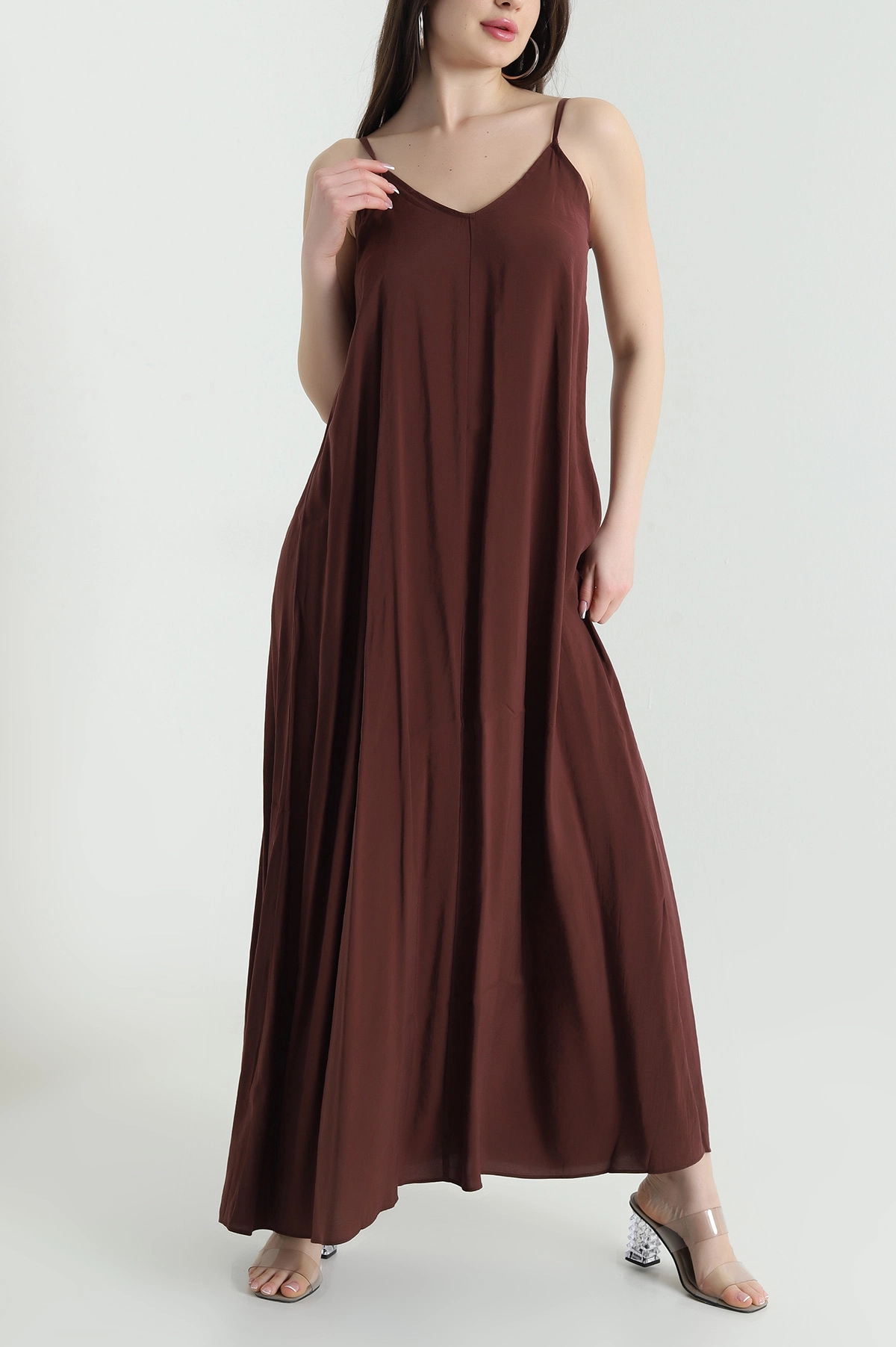 Kahverengi İp Askılı Tencel Kadın Elbise 451193