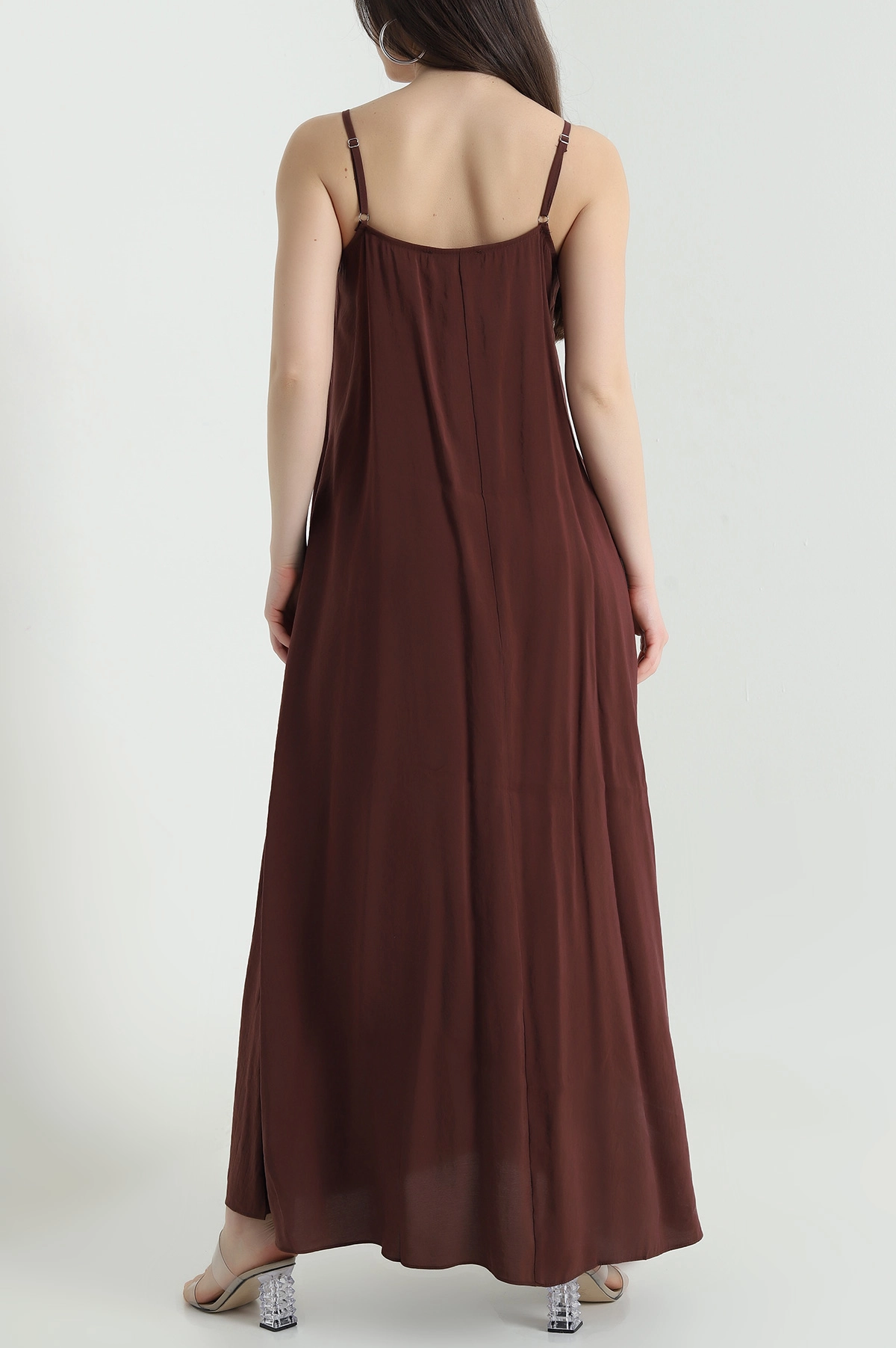 Kahverengi İp Askılı Tencel Kadın Elbise 451193