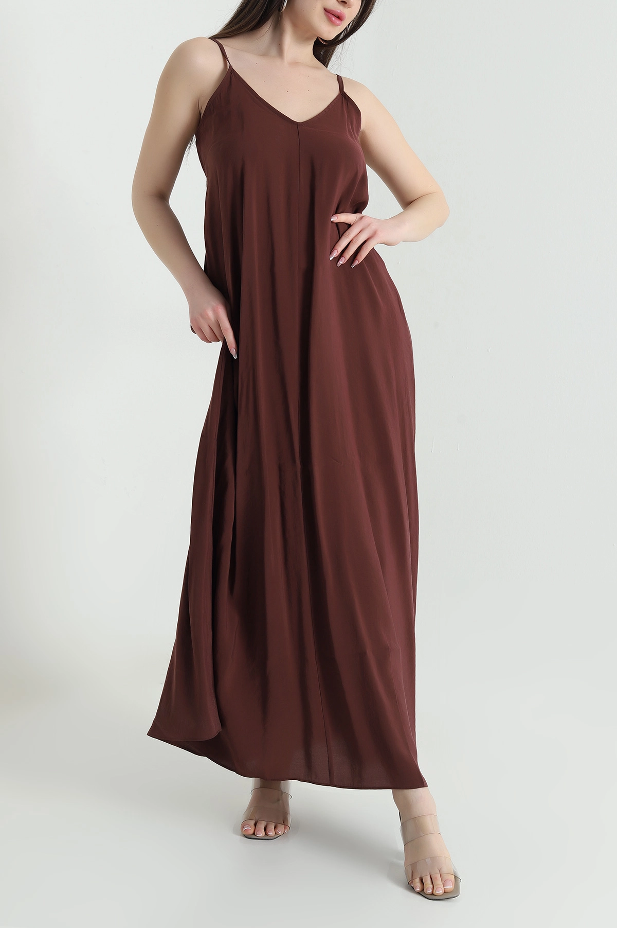 Kahverengi İp Askılı Tencel Kadın Elbise 451193