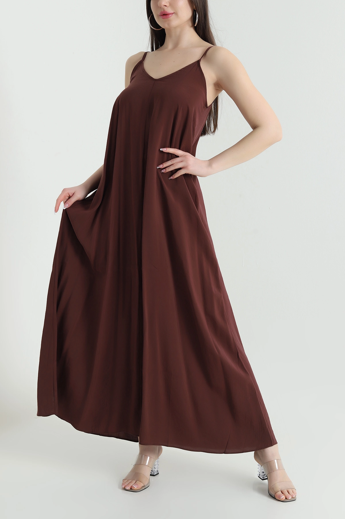 Kahverengi İp Askılı Tencel Kadın Elbise 451193
