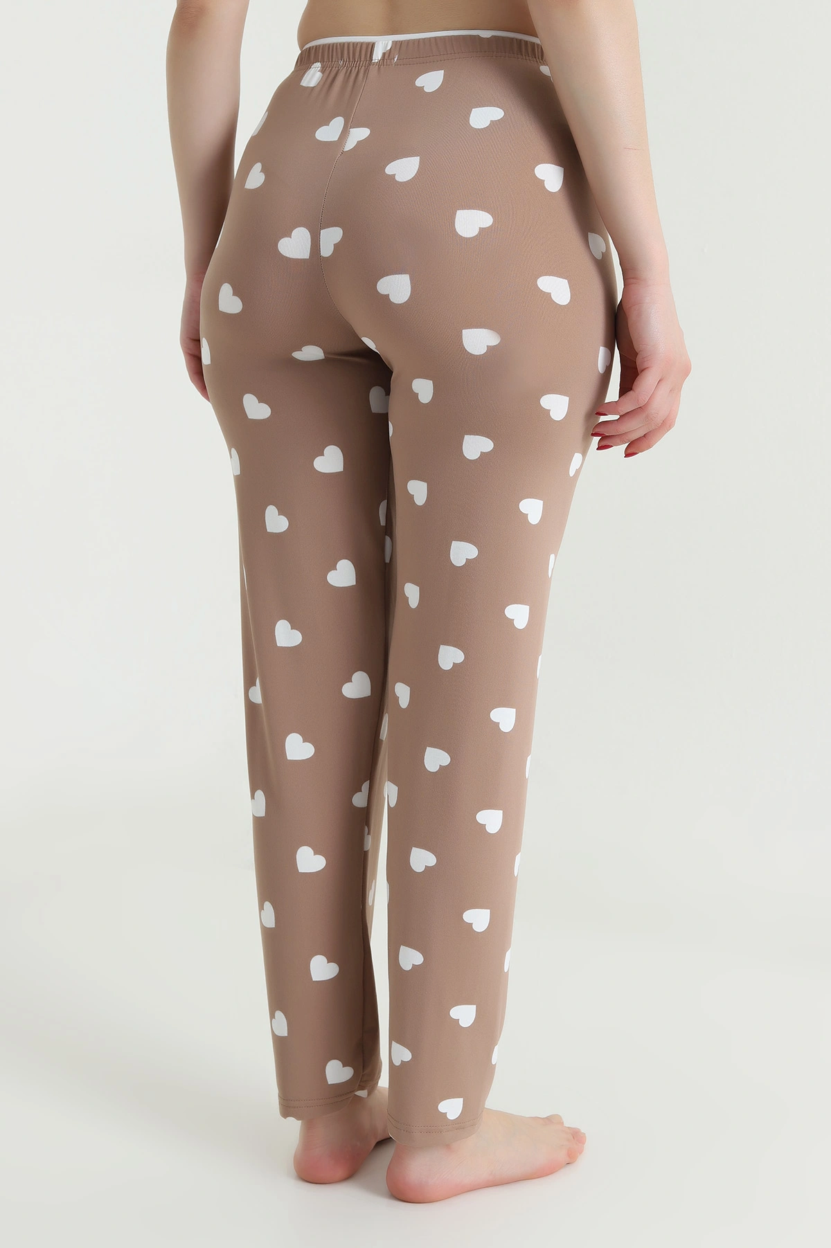 Kahverengi Kalp Desenli Beli Lastikli Kadın Pijama Altı 466375