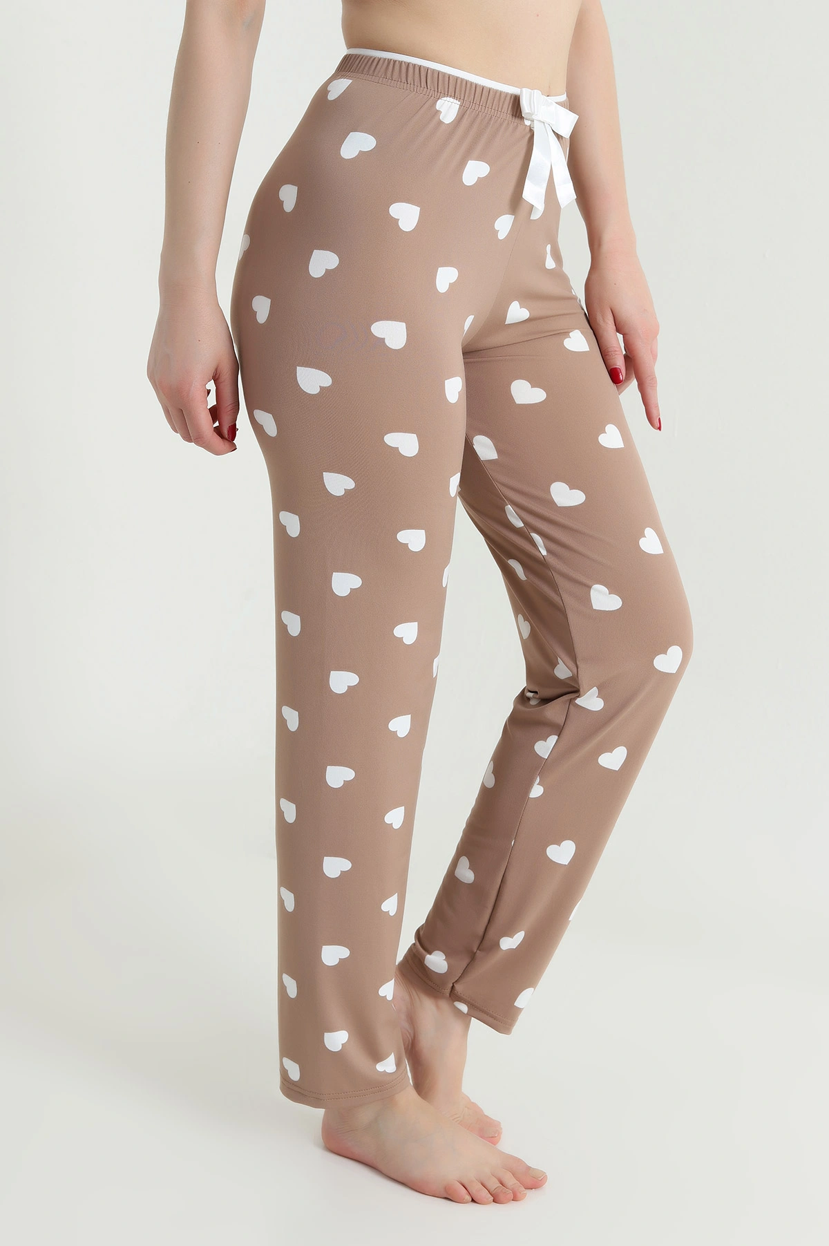 Kahverengi Kalp Desenli Beli Lastikli Kadın Pijama Altı 466375