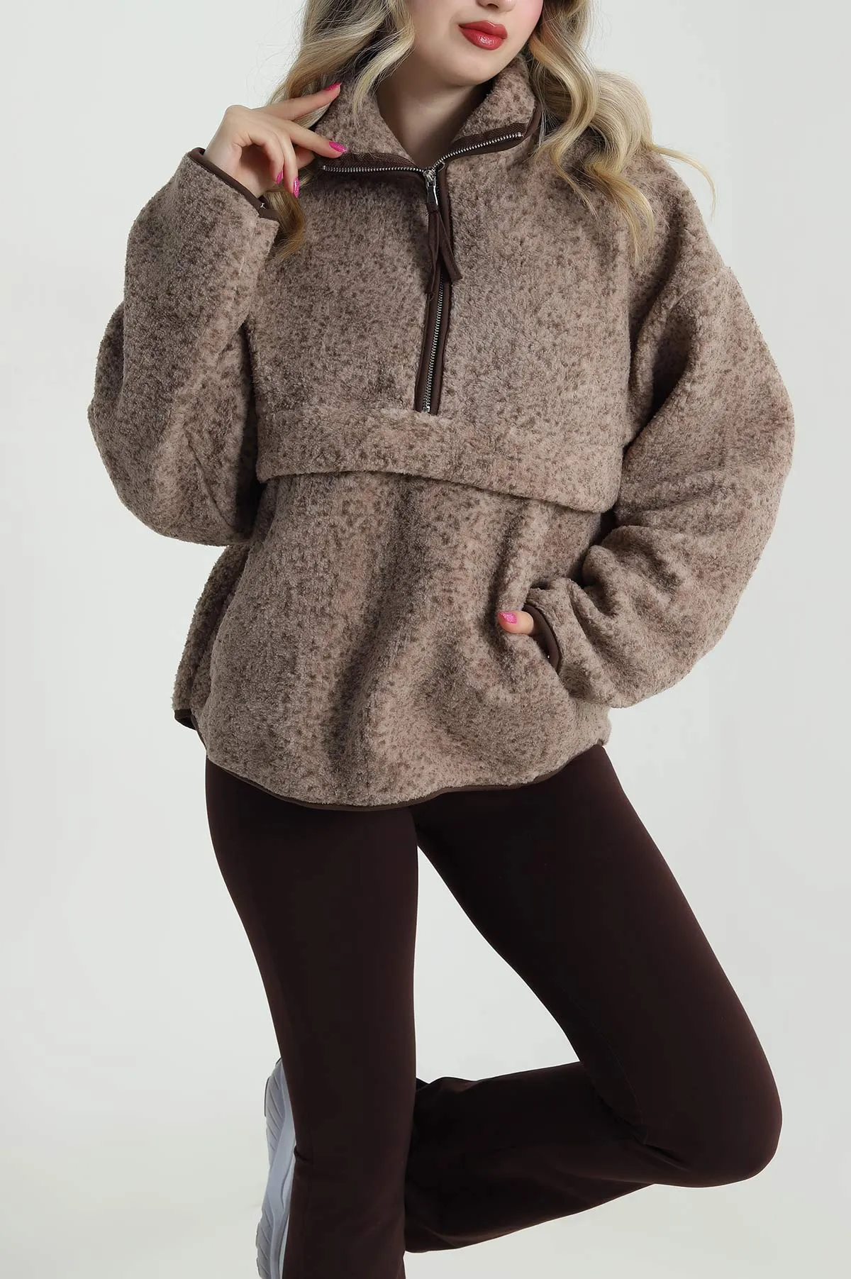 Kahverengi Kangru Cep Detay Teddy Kadın Sweat 482460