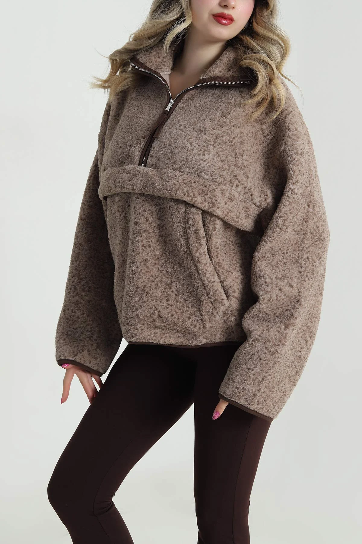 Kahverengi Kangru Cep Detay Teddy Kadın Sweat 482460