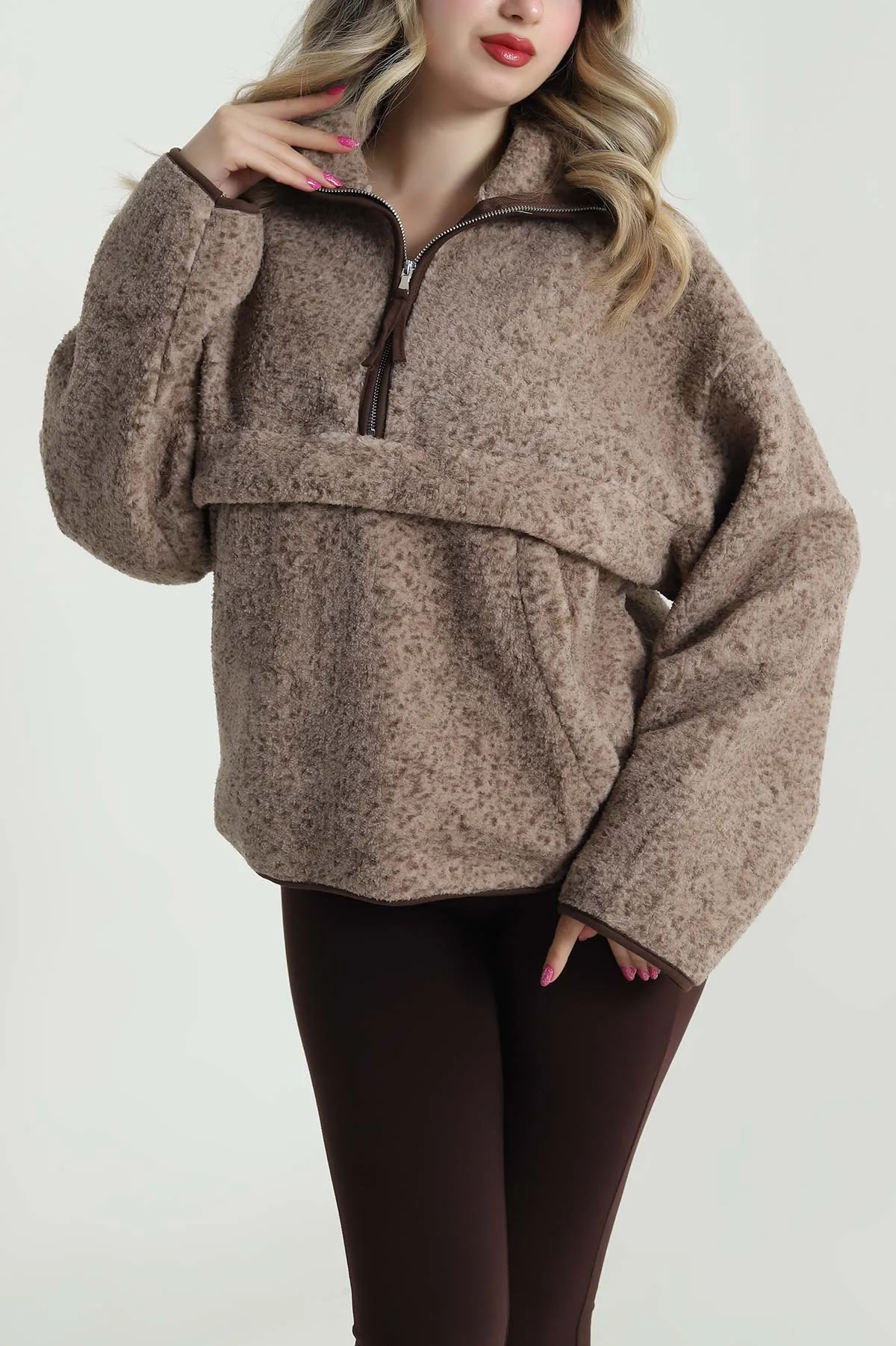 Kahverengi Kangru Cep Detay Teddy Kadın Sweat 482460
