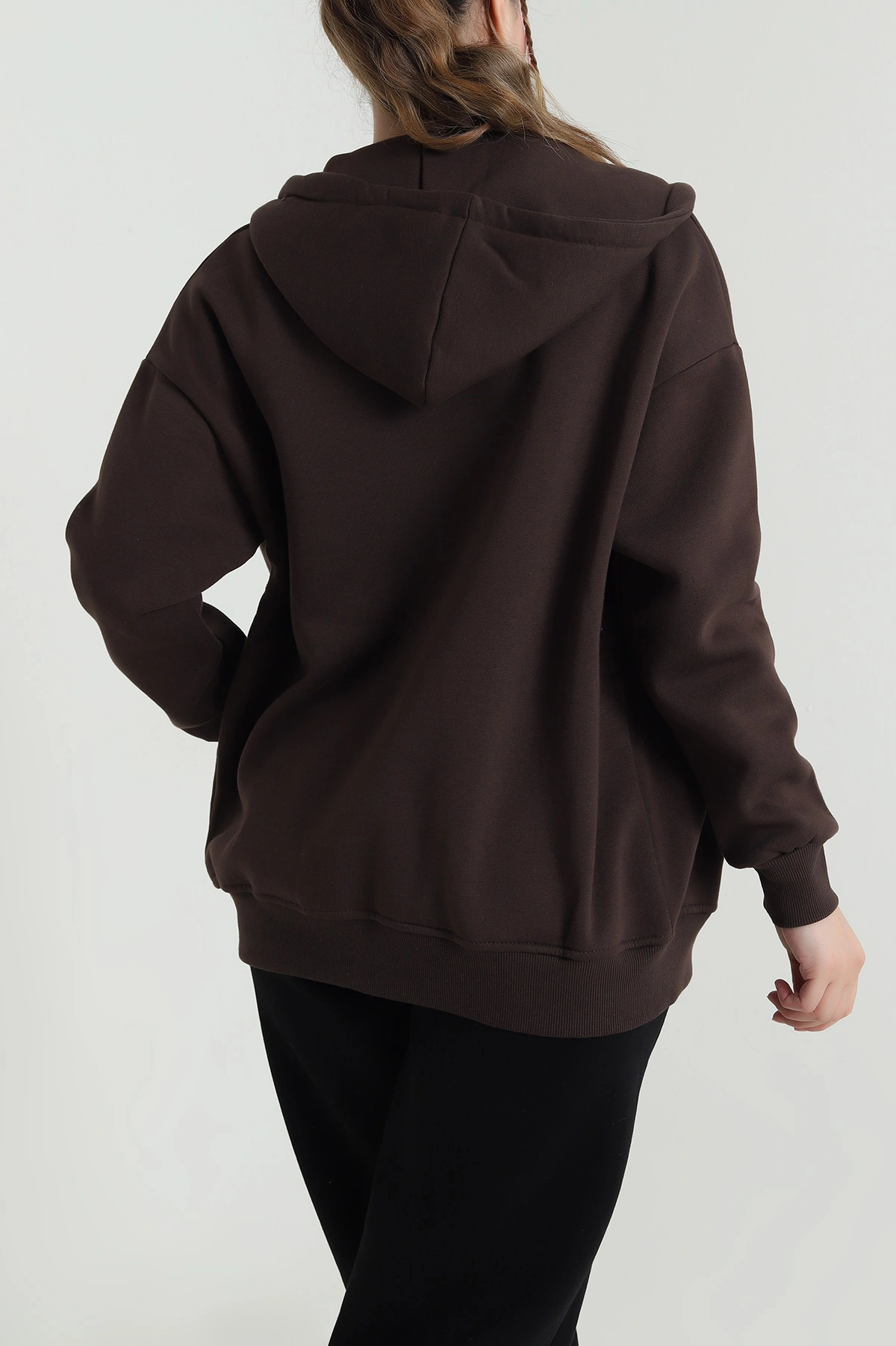 Kahverengi Kapşonlu Şardonlu Üç İp Kadın Sweat 482264