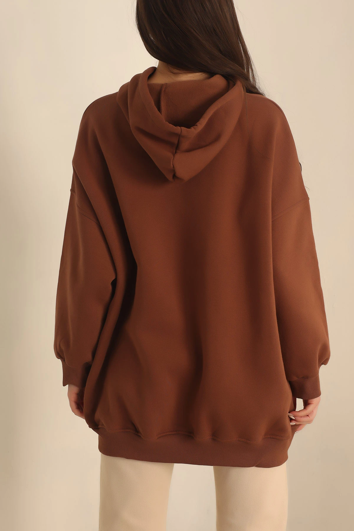 Kahverengi Kapüşonlu İçi Şardonlu Oversize Sweat 229547
