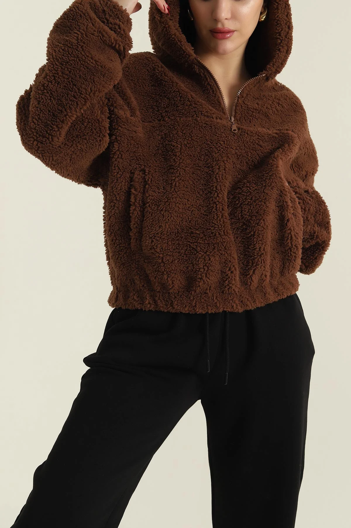 Kahverengi Kapüşonlu Kuzu Yumoş Kadın Sweat 419534