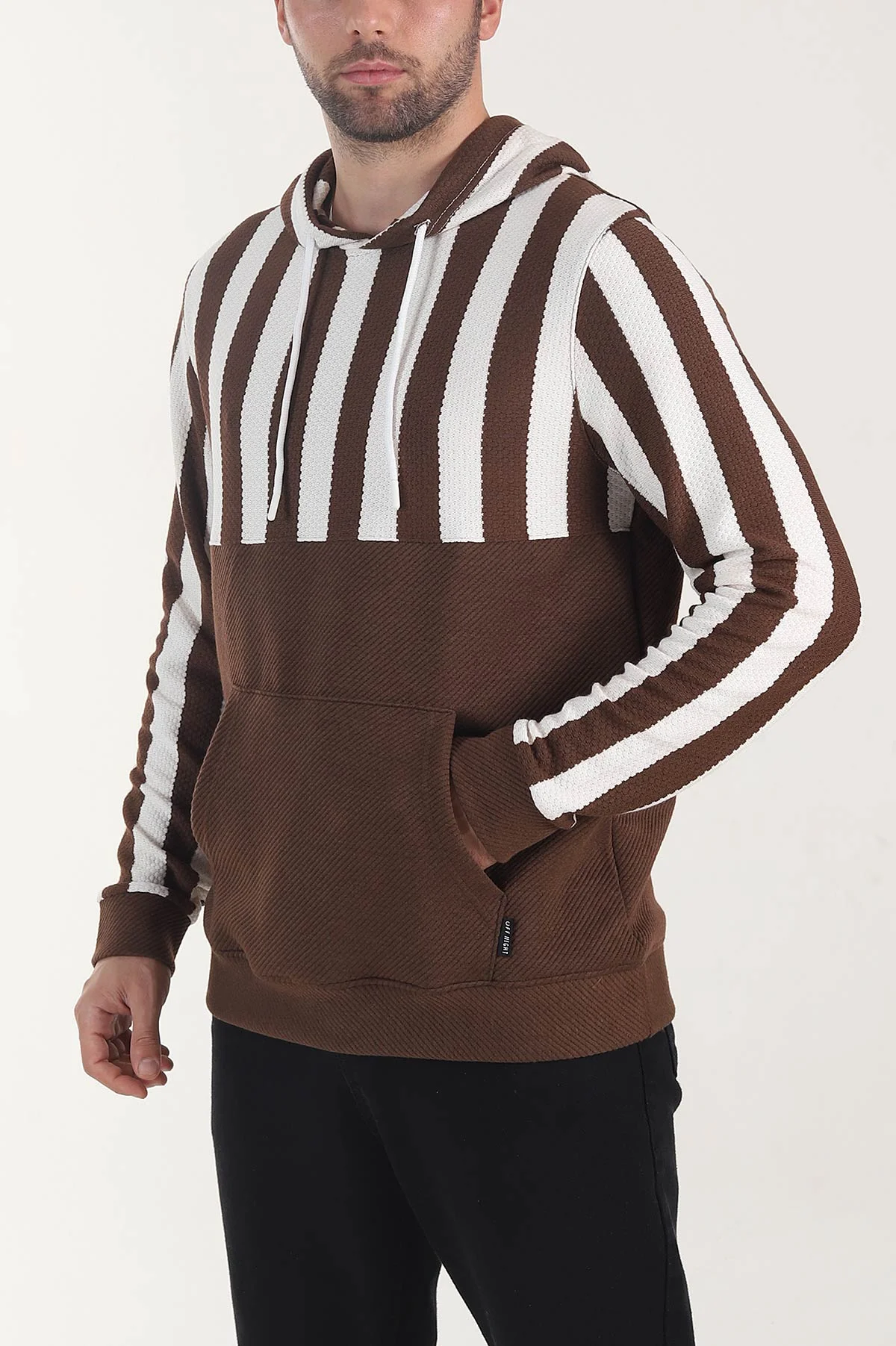 Kahverengi Kapüşonlu Şerit Detaylı Erkek Sweatshirt 408067