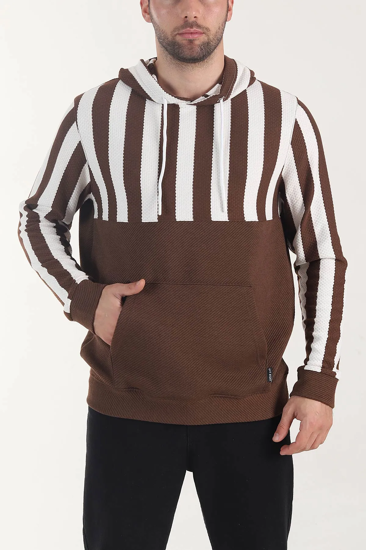 Kahverengi Kapüşonlu Şerit Detaylı Erkek Sweatshirt 408067