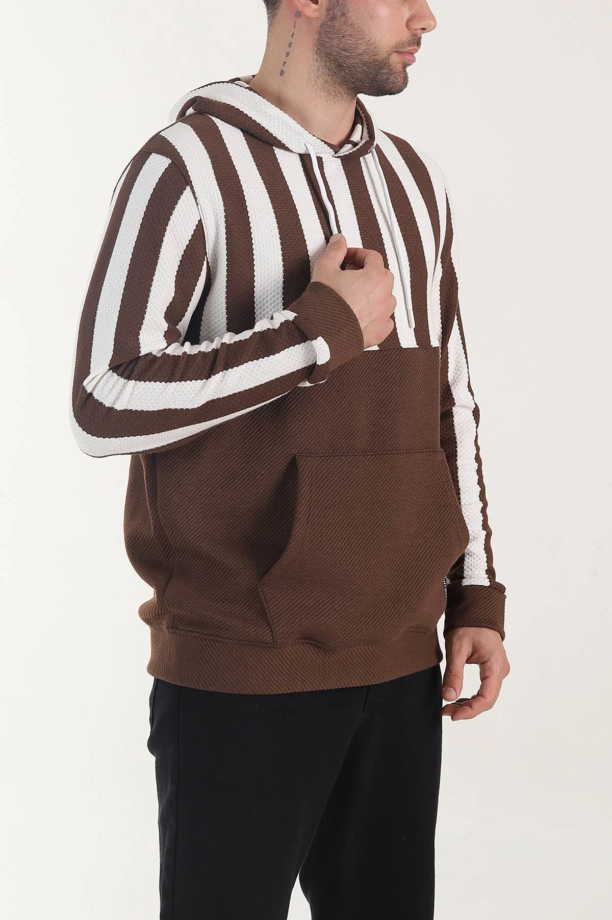 Kahverengi Kapüşonlu Şerit Detaylı Erkek Sweatshirt 408067