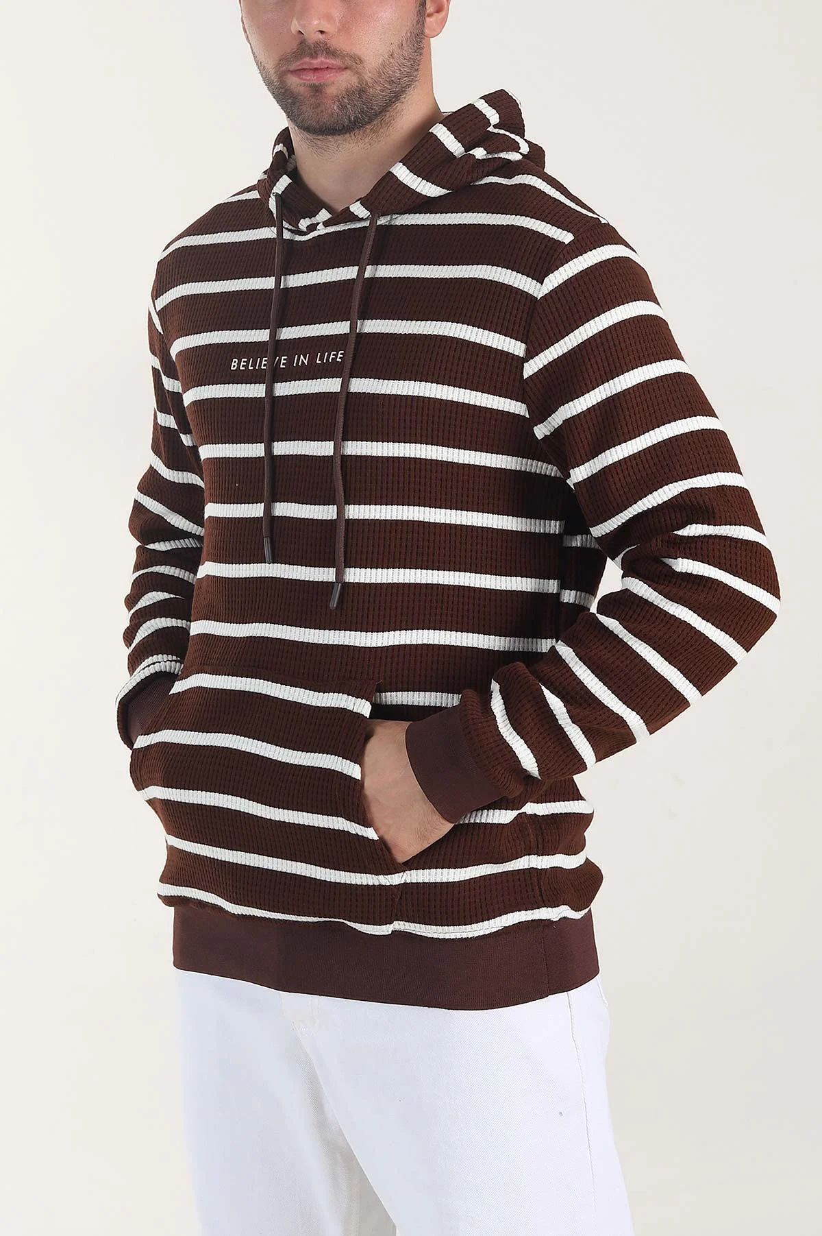 Kahverengi Kapüşonlu Yazı Detaylı Çizgili Erkek Sweatshirt 407970