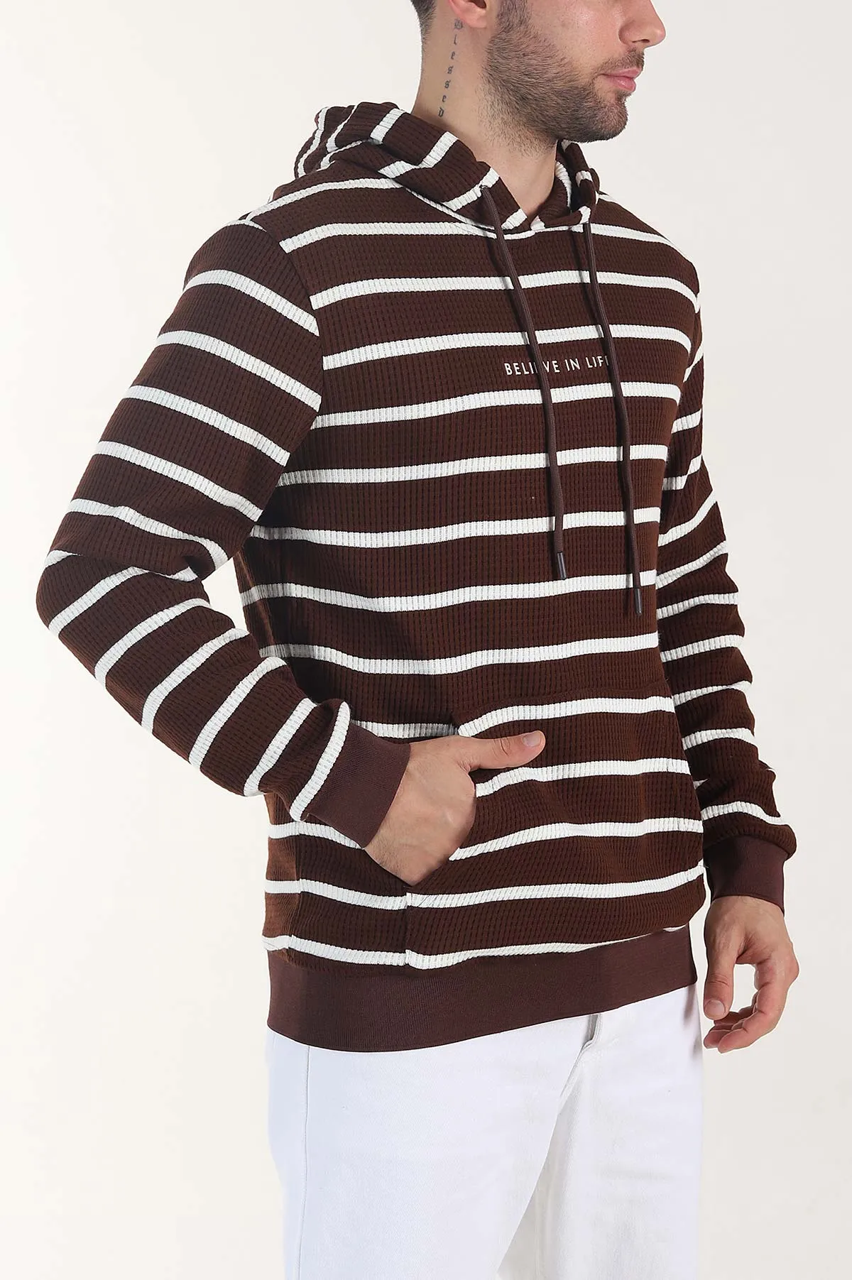 Kahverengi Kapüşonlu Yazı Detaylı Çizgili Erkek Sweatshirt 407970