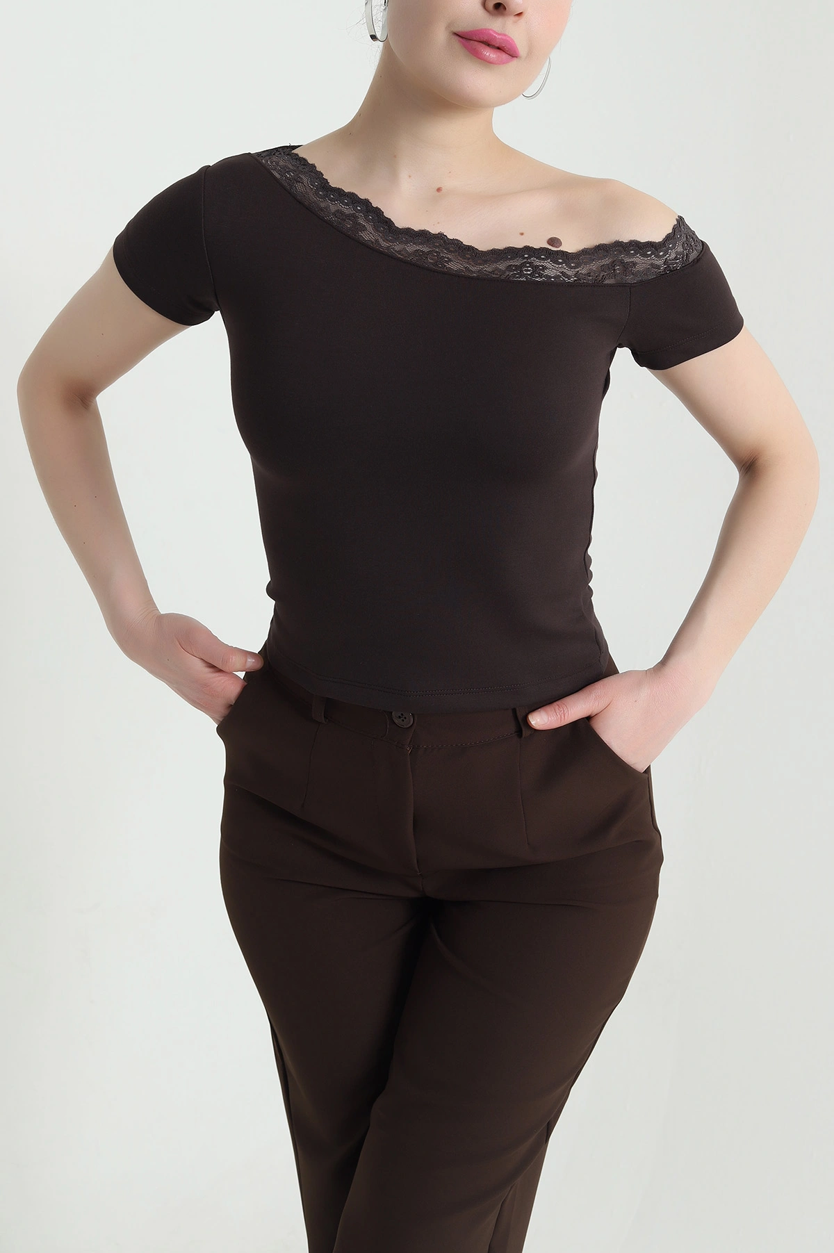Kahverengi Kayık Yaka Dantel Oysho Kadın Bluz 452728