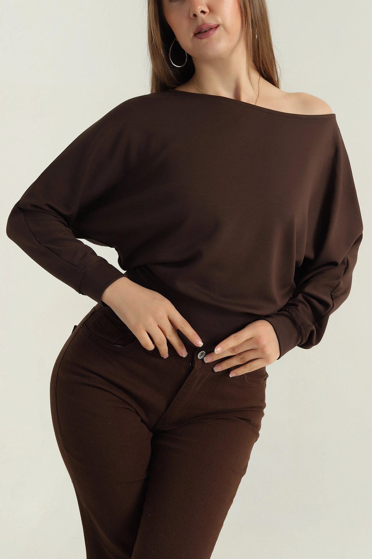 Kahverengi Kayık Yaka Modal Kadın Bluz 409797