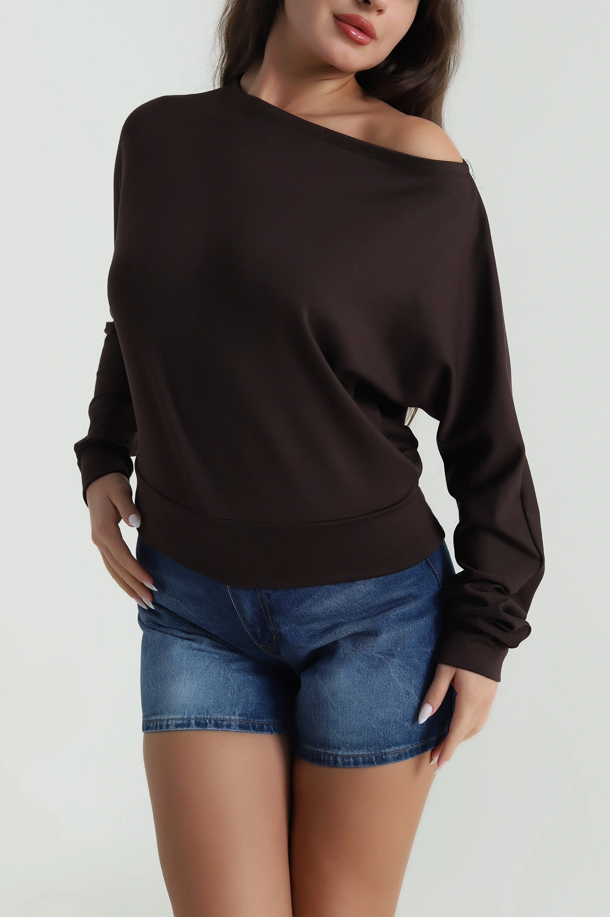 Kahverengi Kayık Yaka Modal Kadın Bluz 484699