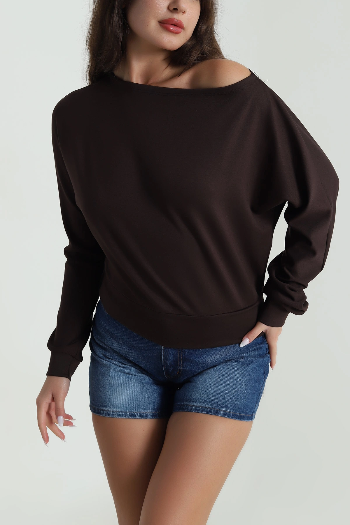 Kahverengi Kayık Yaka Modal Kadın Bluz 484699