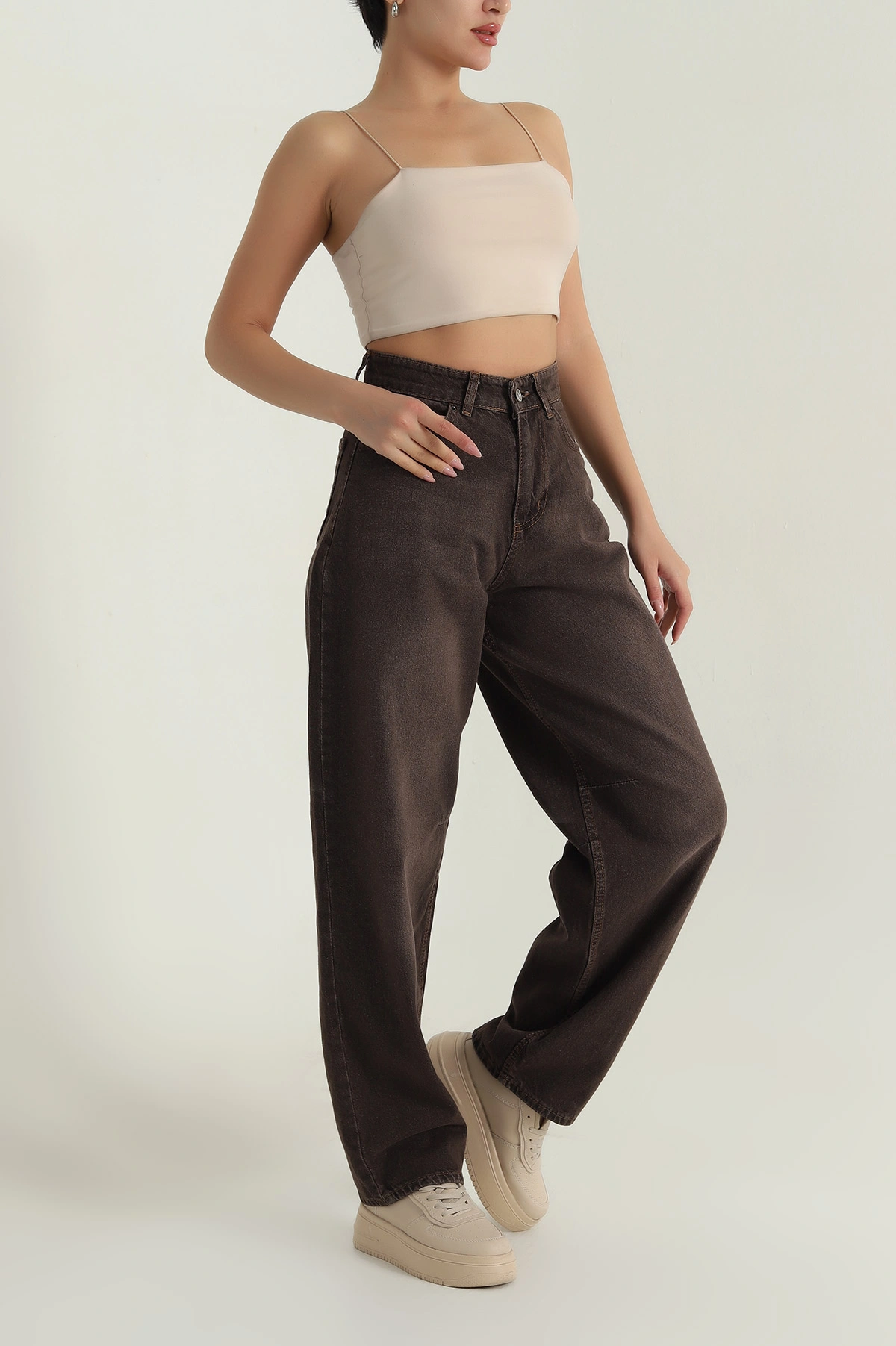 Kahverengi Kemer Detay Baggy Kadın Kot Pantolon 404626