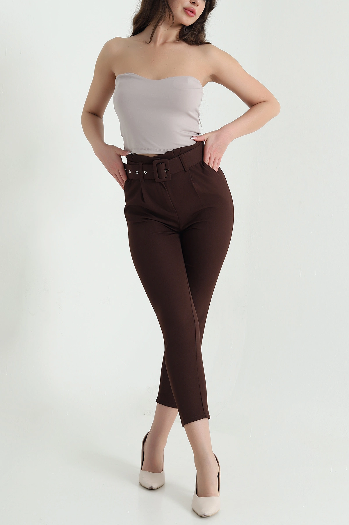 Kahverengi Kemerli Dabıl Kadın Pantolon 457074