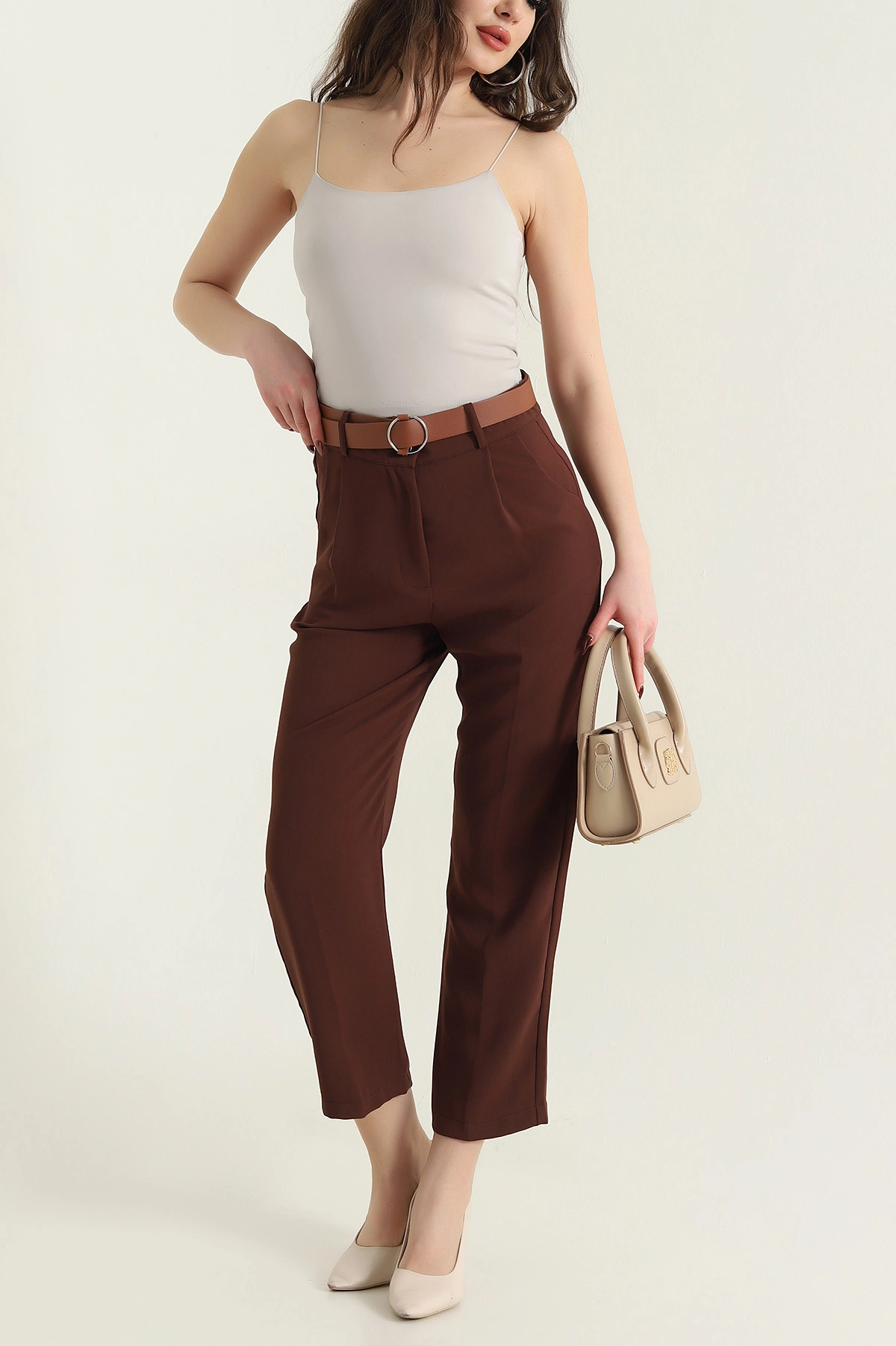 Kahverengi Kemerli İthal Crep Kadın Pantolon 436915