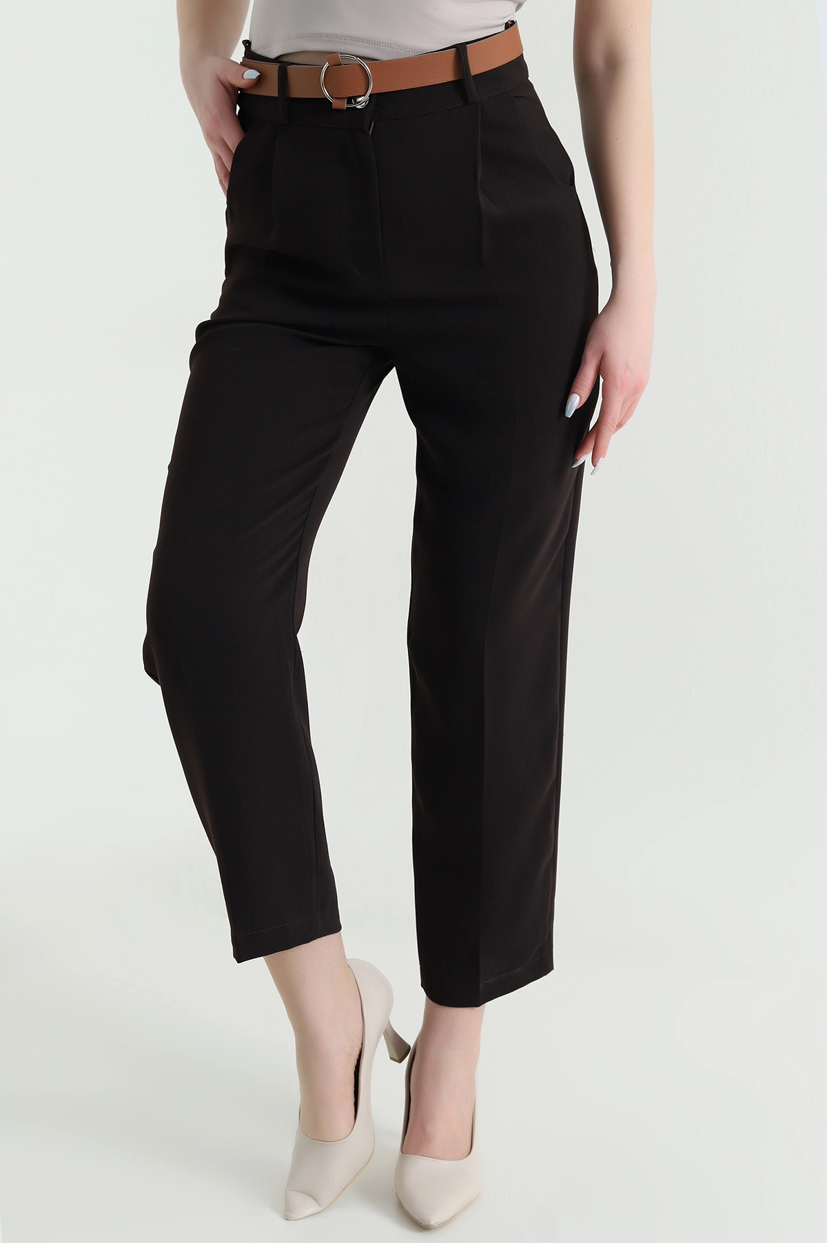 Kahverengi Kemerli İthal Crep Kadın Pantolon 446452