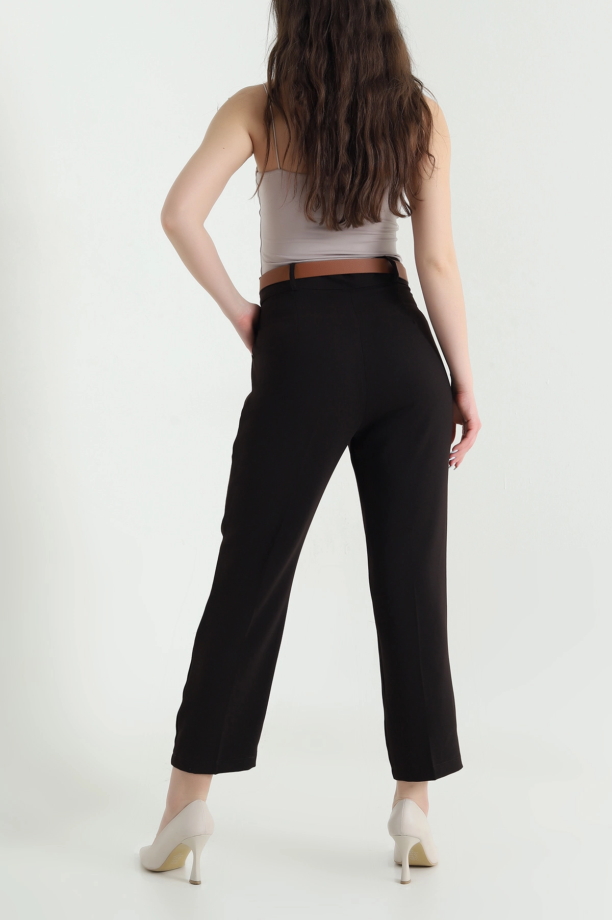 Kahverengi Kemerli İthal Crep Kadın Pantolon 446452