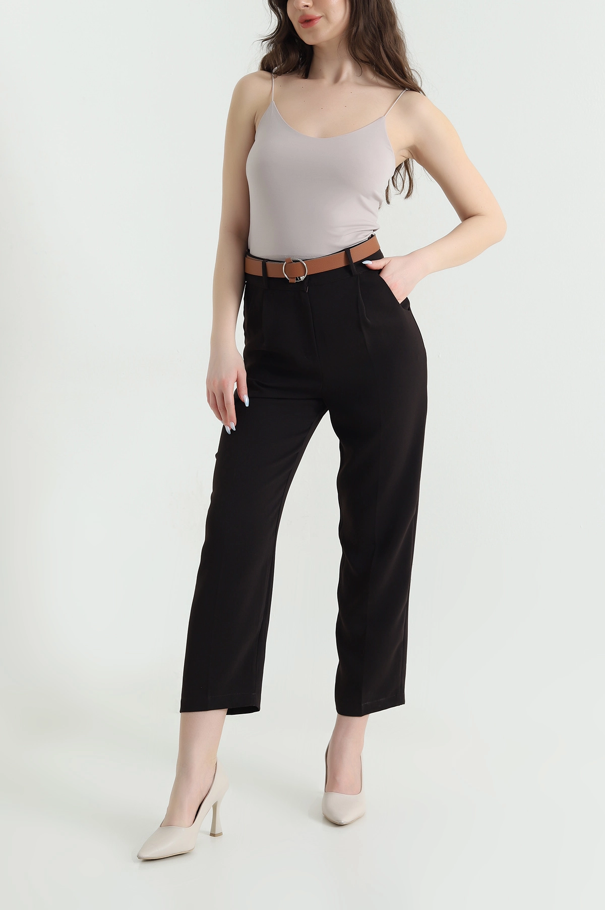 Kahverengi Kemerli İthal Crep Kadın Pantolon 446452
