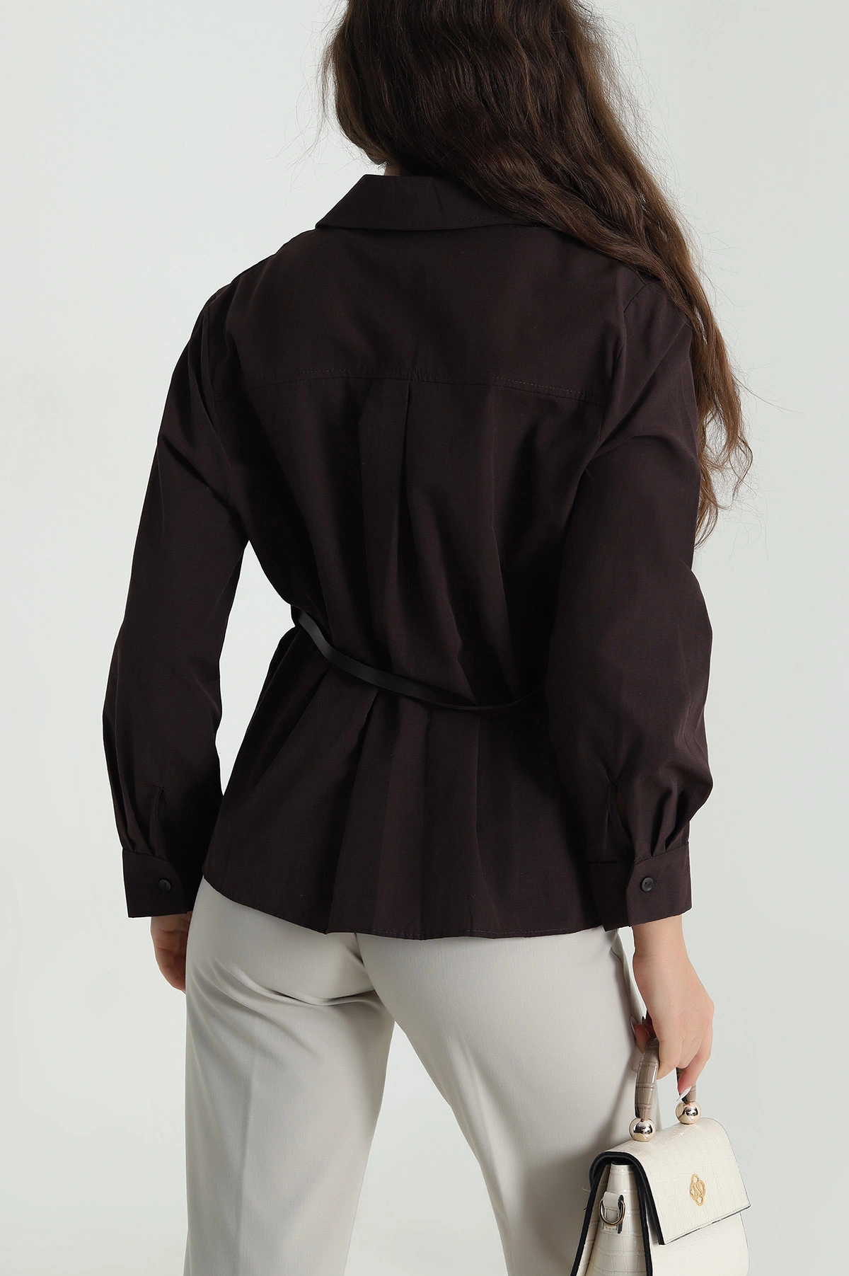 Kahverengi Kemerli Tasarım Poplin Kadın Gömlek 485580