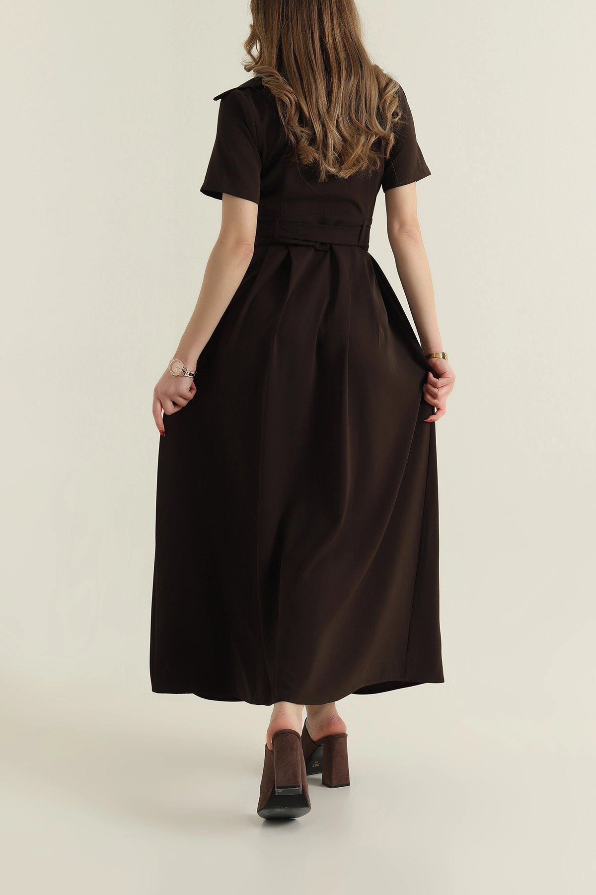 Kahverengi Kemerli Twill Kumaş kadın Elbise 425605